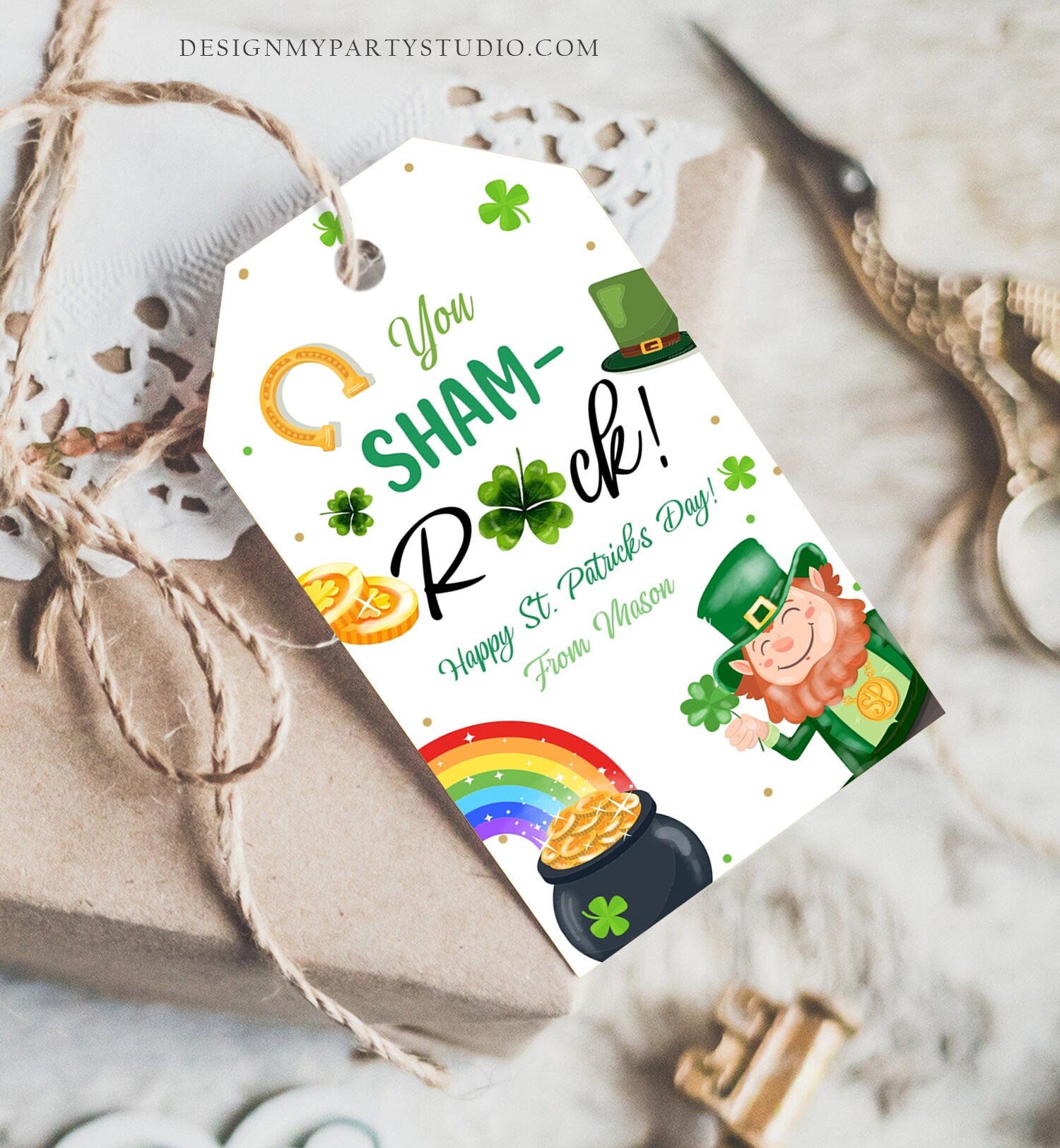 Editable St. Patrick's Day Tag You ShamROCK You Sham-rock Gift Tag School Classroom Gift Coworker Neighbor Teacher Template Corjl 0451