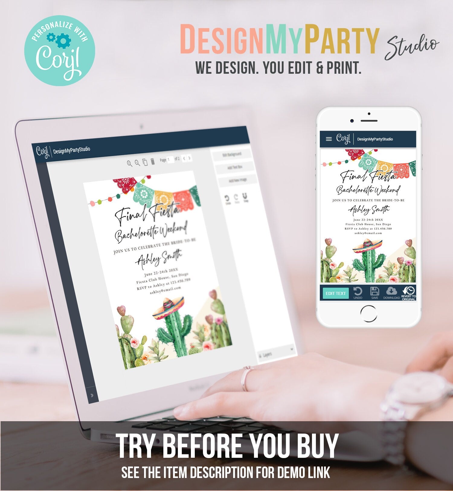 Editable Final Fiesta Bachelorette Weekend Engagement Invitation Bridal Shower Watercolor Cactus Succulent Template Corjl Printable 0404