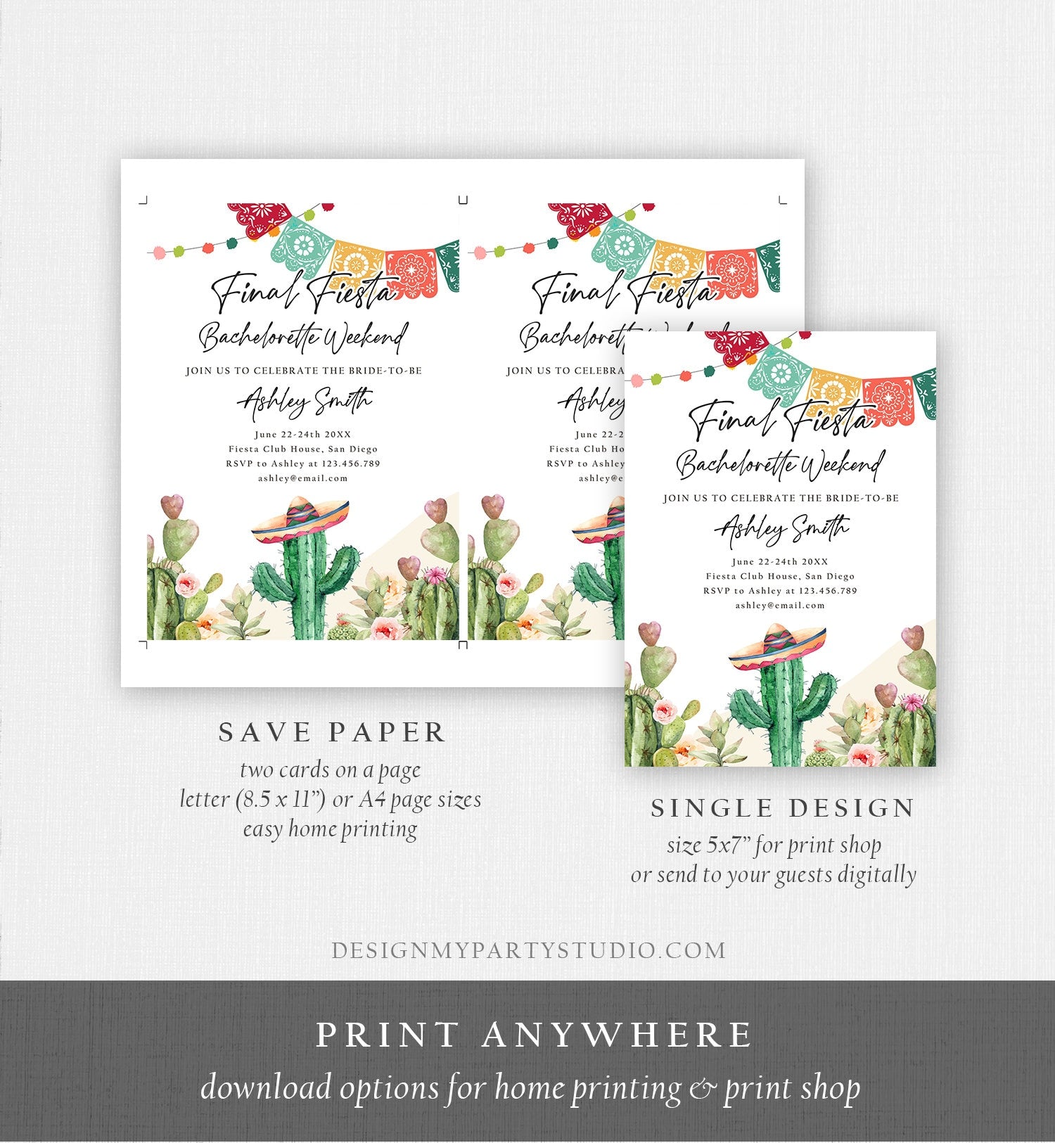 Editable Final Fiesta Bachelorette Weekend Engagement Invitation Bridal Shower Watercolor Cactus Succulent Template Corjl Printable 0404