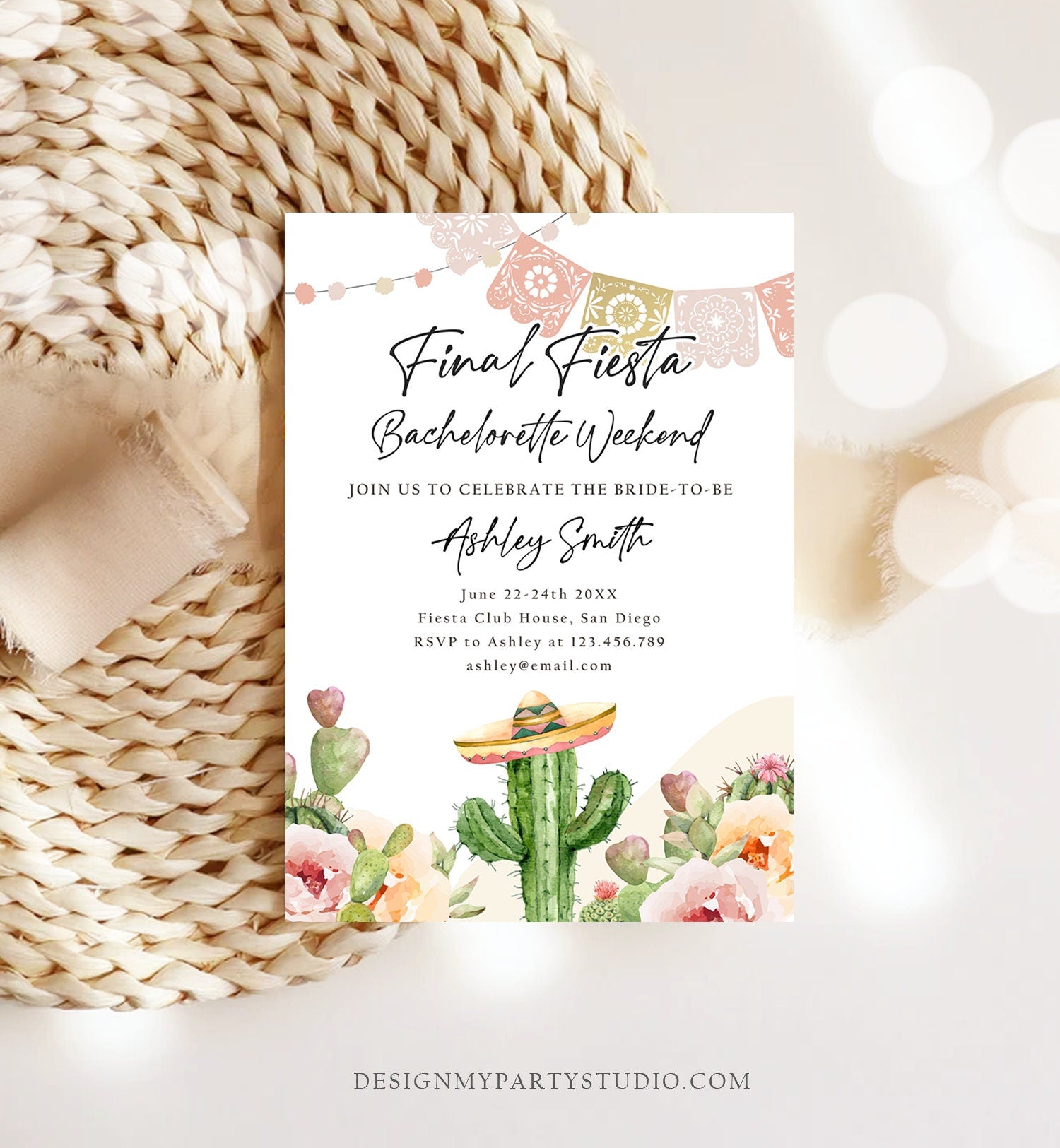 Editable Final Fiesta Bachelorette Weekend Engagement Invitation Bridal Shower Watercolor Cactus Succulent Digital Template Printable 0419