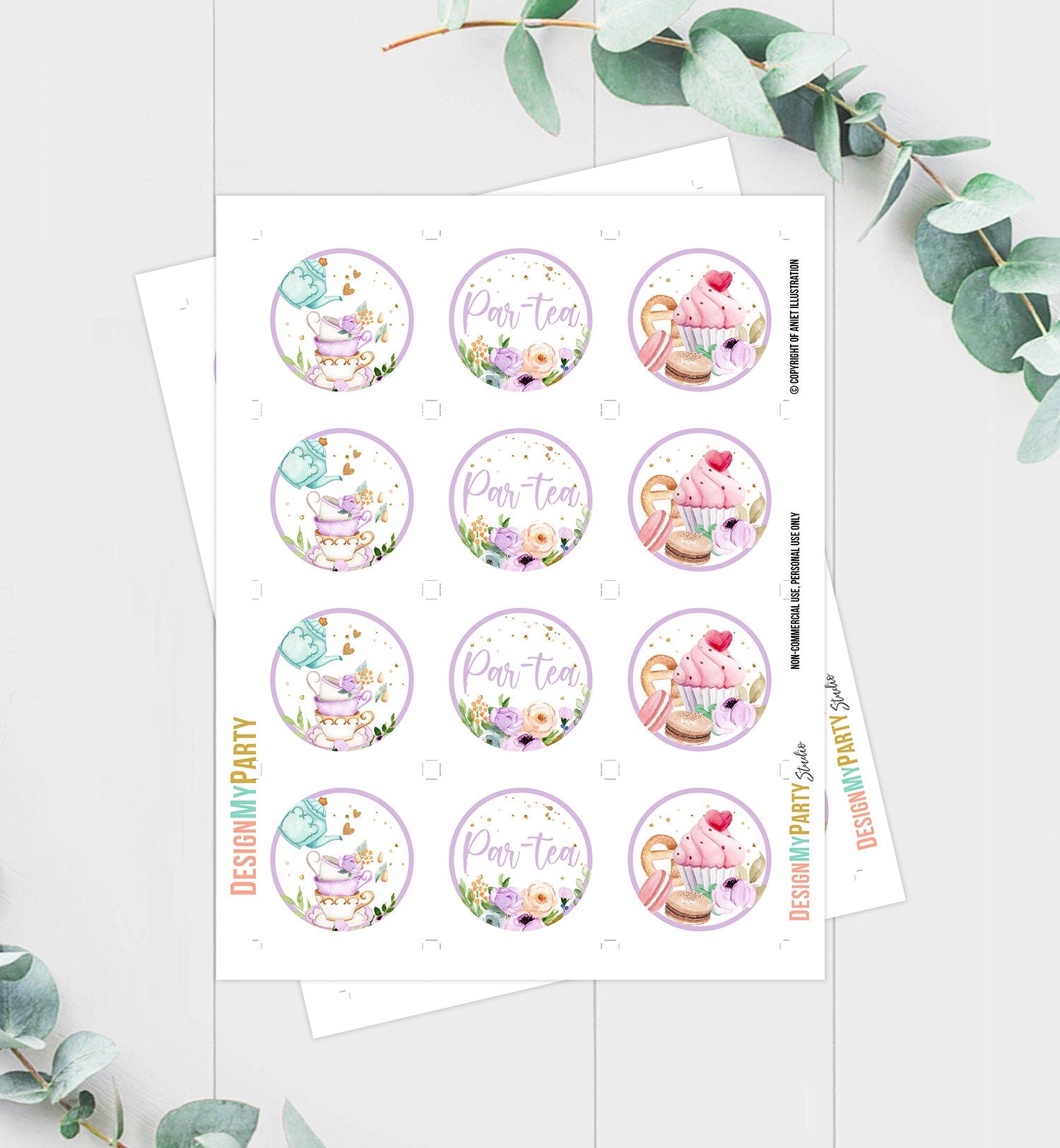 Tea Party Cupcake Toppers Tea Birthday Cupcake Toppers Favor Tag Girl Tea For Two Whimsical Floral Purple Gold Digital Printable 0349