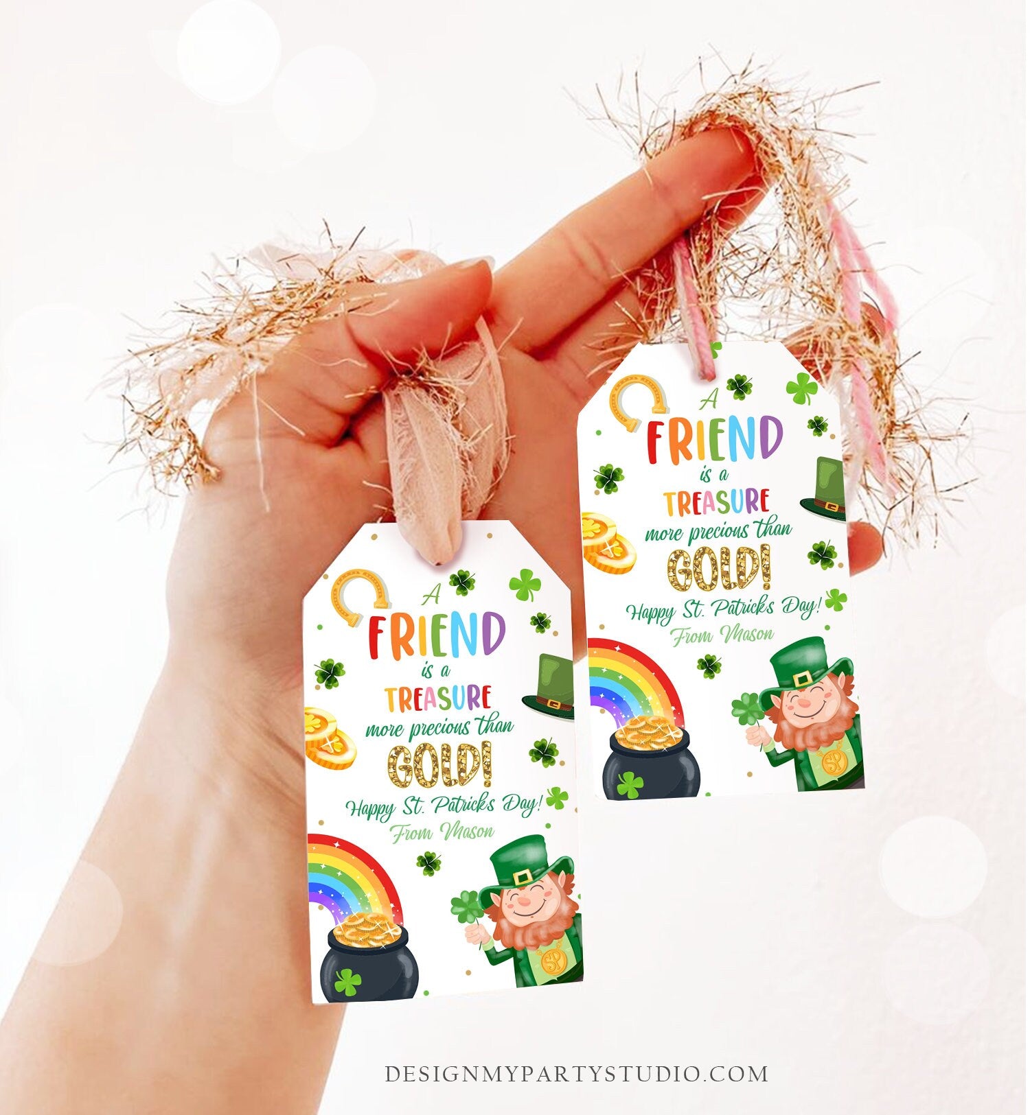 Editable St. Patrick's Day Tag A Friend Is A Treasure More Precious Than Gold Tag School Gift Classmate Buddy Teammate Template Corjl 0451