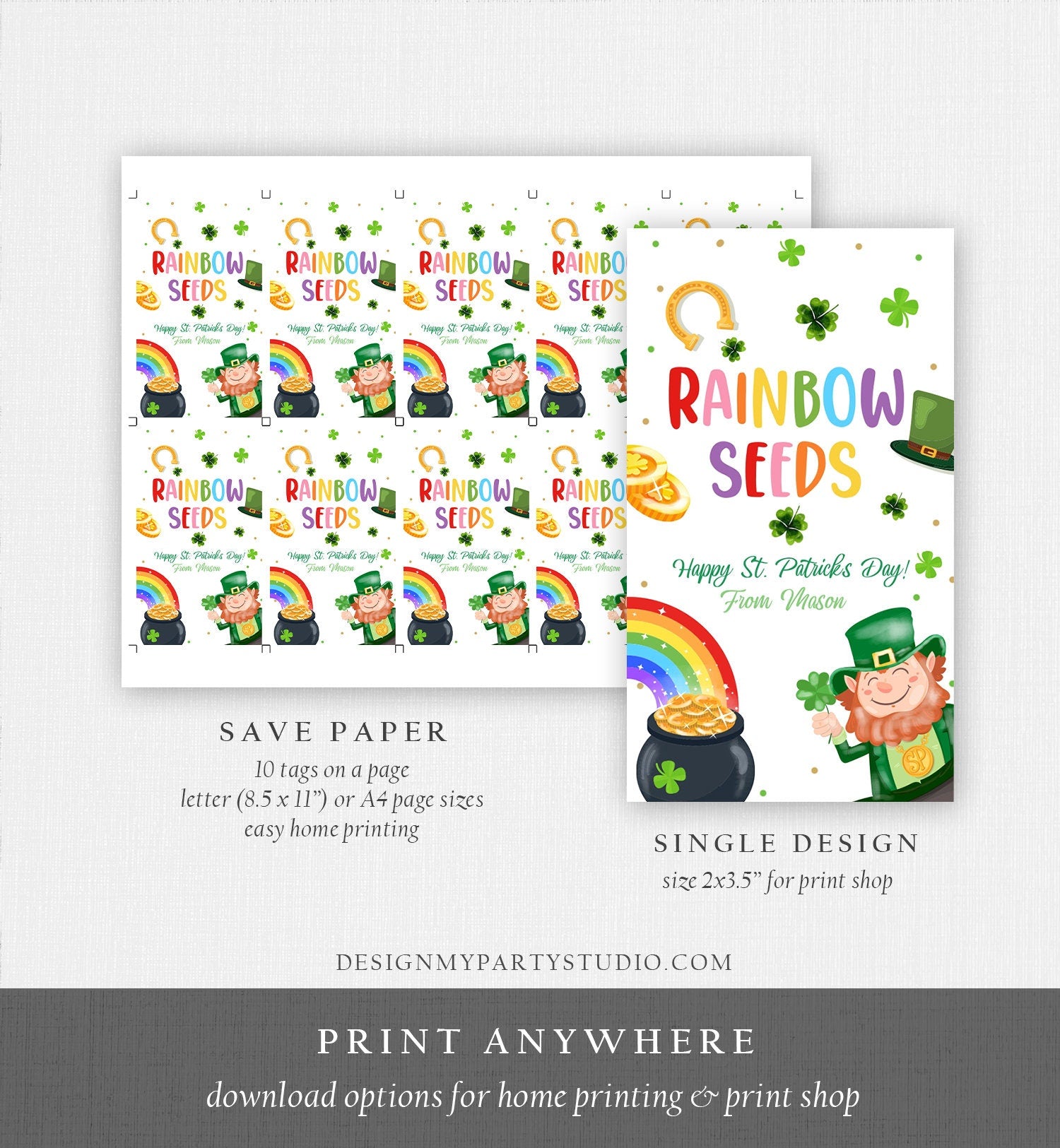 Editable St. Patrick's Day Tag Rainbow Seeds Tag Treat Favor Tag Friend School Classroom Gift Classmate Shamrock Teacher Template Corjl 0451