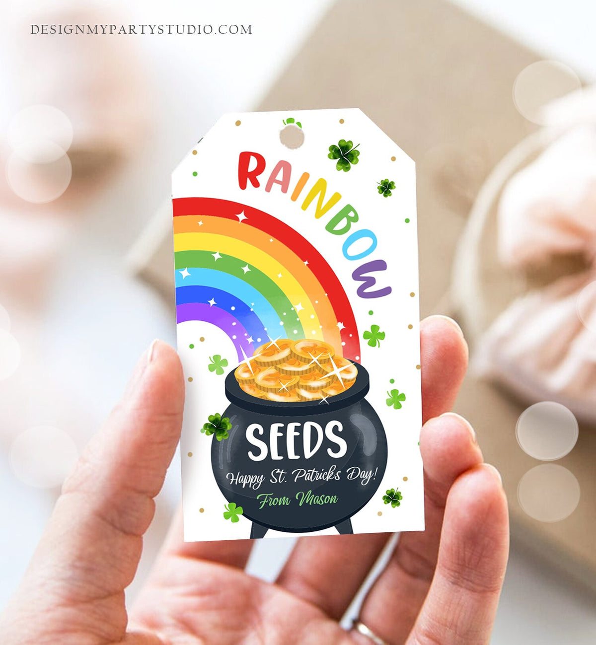 Editable St. Patrick&#39;s Day Tag Rainbow Seeds Tag Treat Favor Tag Friend School Classroom Gift Classmate Shamrock Teacher Template Corjl 0451