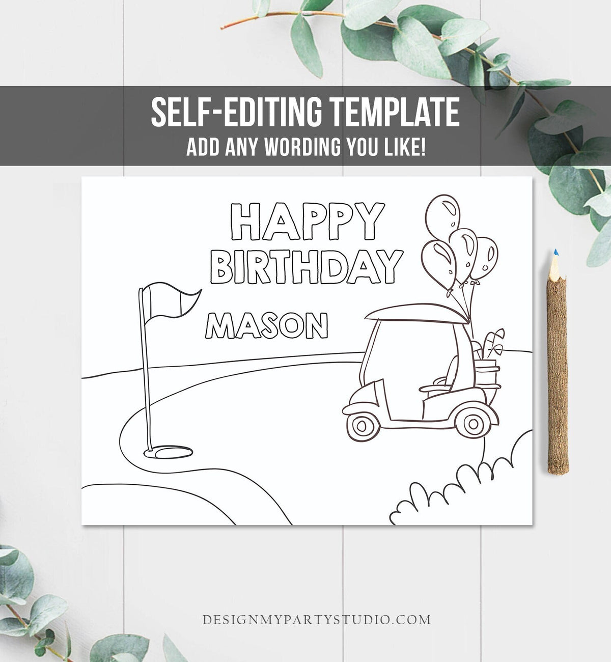 Editable Coloring Page Golf Birthday Party Activity Game Golfing Birthday Hole in One Party Boy Girl Instant Download PRINTABLE Corjl 0405