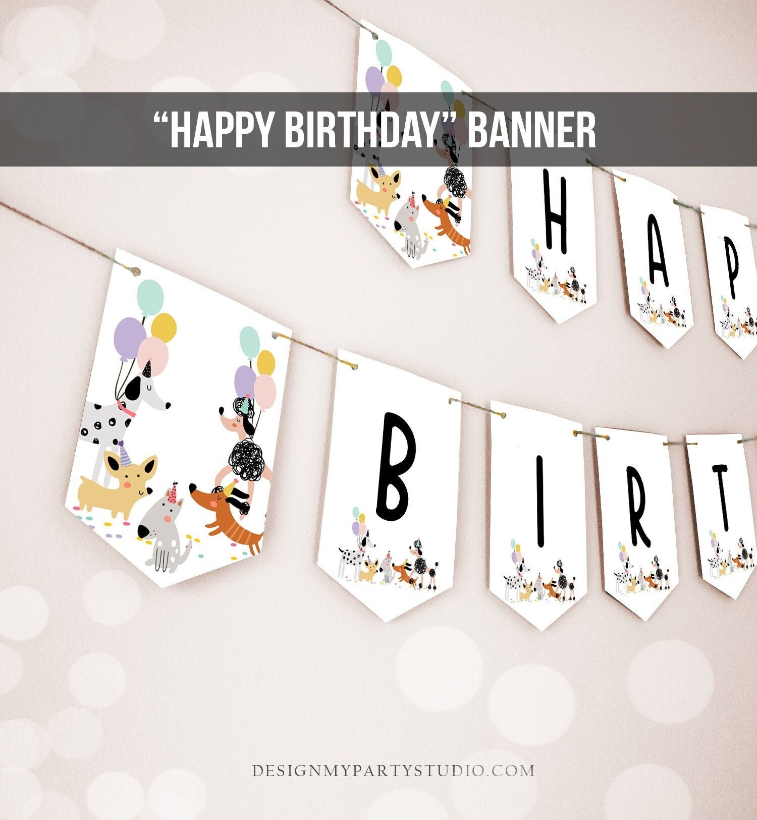 Happy Birthday Banner Dog Birthday Banner Puppy Pawty Girl Decor Animal Pet Vet Puppy Party Dogs 1st Instant Digital Download Printable 0429