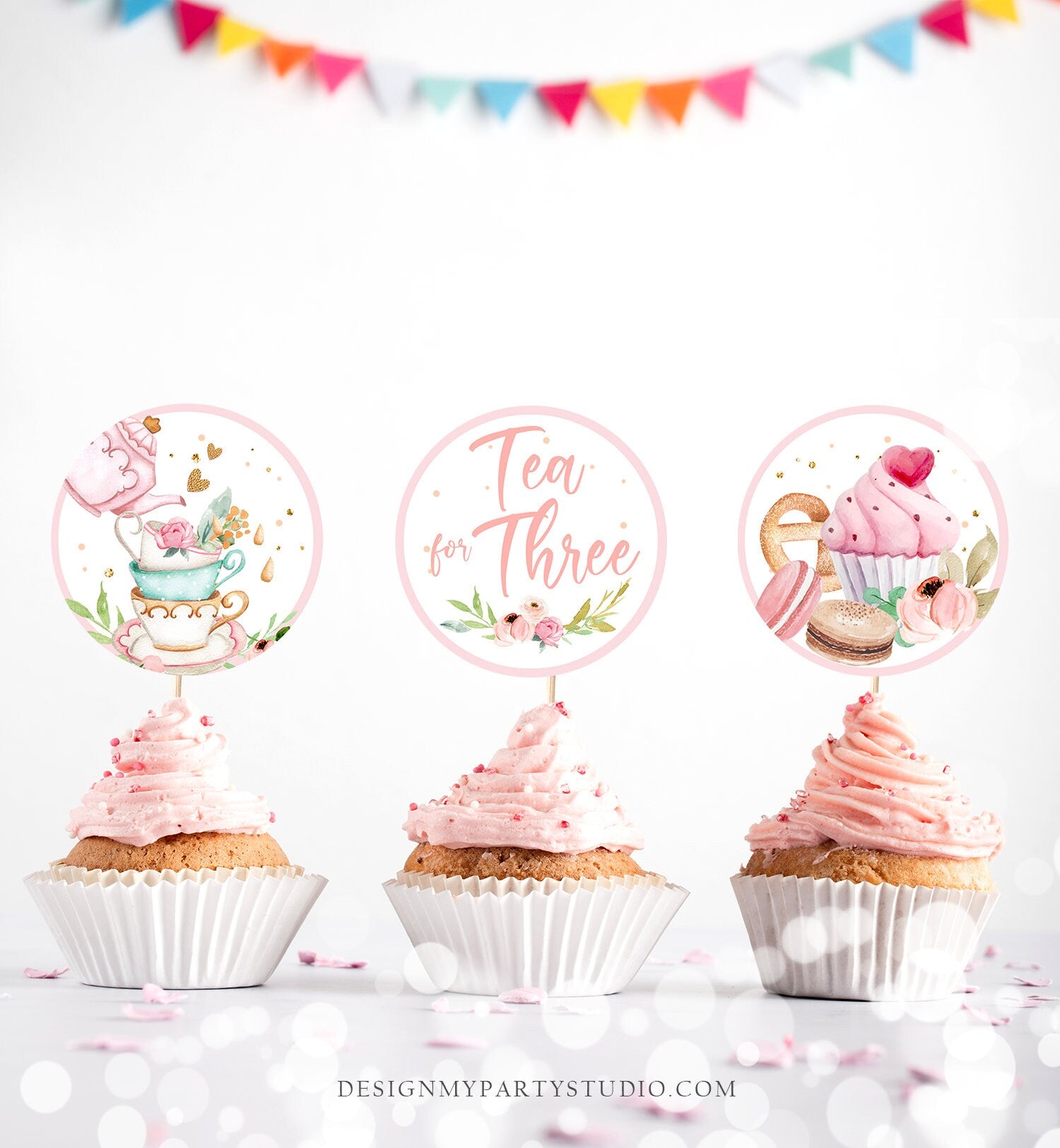 Tea Party Cupcake Toppers Tea 3rd Birthday Cupcake Toppers Favor Tag Girl Tea For Three Floral Pink Gold Download Digital PRINTABLE 0349