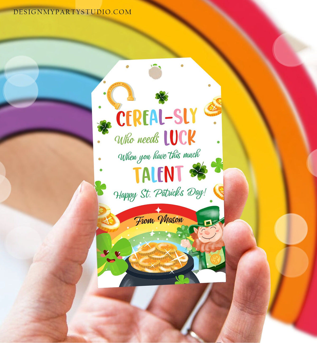 Editable St. Patrick&#39;s Day Tag Cerealsly Lucky Favor Rainbow Favor Tag Coworker Teammate Appreciation Competition Staff Template Corjl 0451