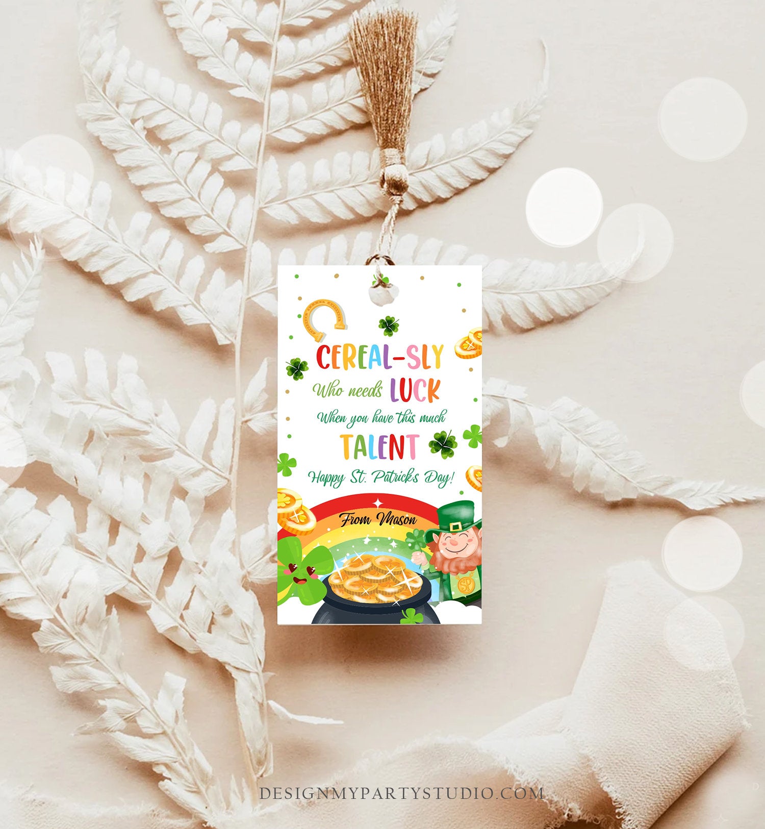 Editable St. Patrick's Day Tag Cerealsly Lucky Favor Rainbow Favor Tag Coworker Teammate Appreciation Competition Staff Template Corjl 0451