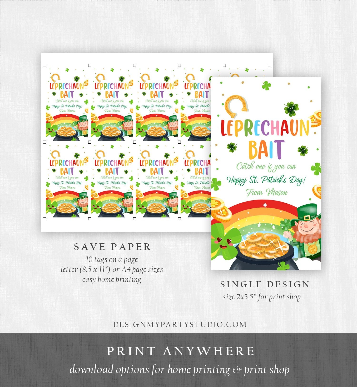 Editable St. Patrick's Day Tag Leprechaun Bait Tag Lucky Teacher School Kids Classroom Rainbow Gold Shamrock Digital Template Corjl 0451