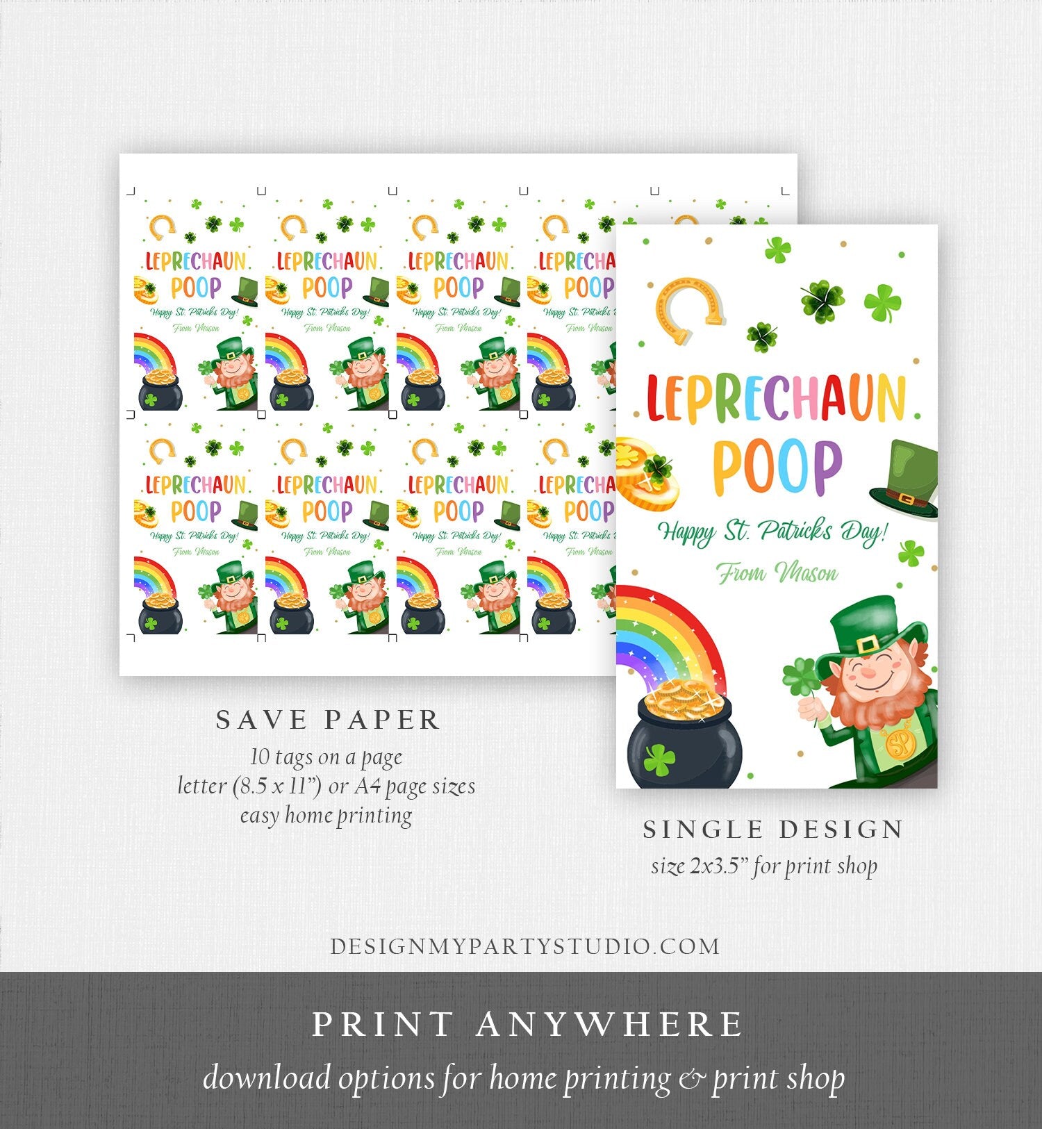 Editable St. Patrick's Day Tag Leprechaun Poop Tag Lucky Teacher School Kids Classroom Rainbow Gold Shamrock Digital Template Corjl 0451