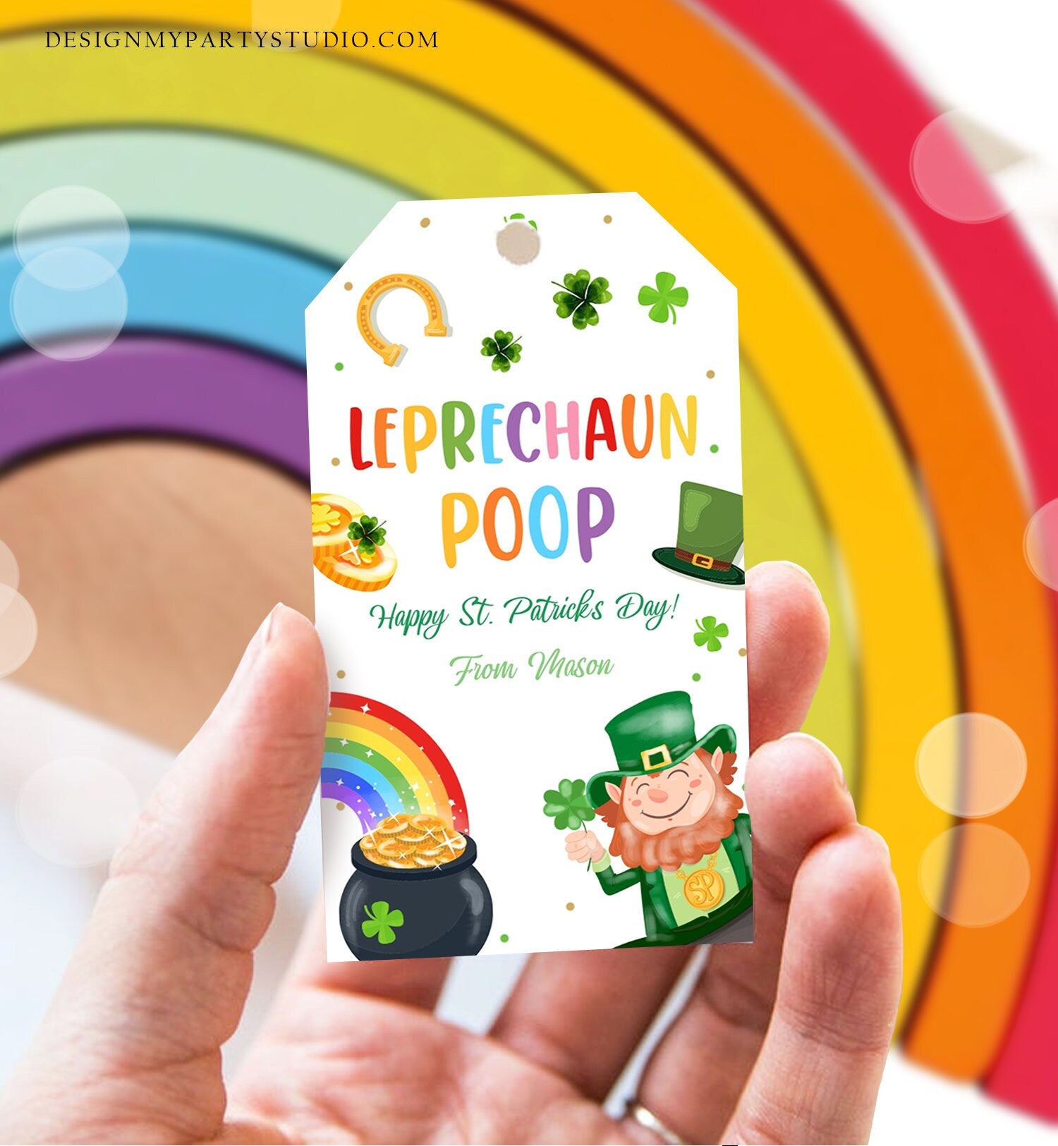 Editable St. Patrick's Day Tag Leprechaun Poop Tag Lucky Teacher School Kids Classroom Rainbow Gold Shamrock Digital Template Corjl 0451