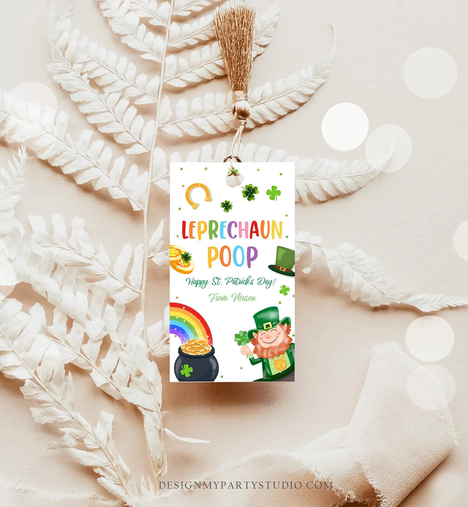 Editable St. Patrick's Day Tag Leprechaun Poop Tag Lucky Teacher School Kids Classroom Rainbow Gold Shamrock Digital Template Corjl 0451