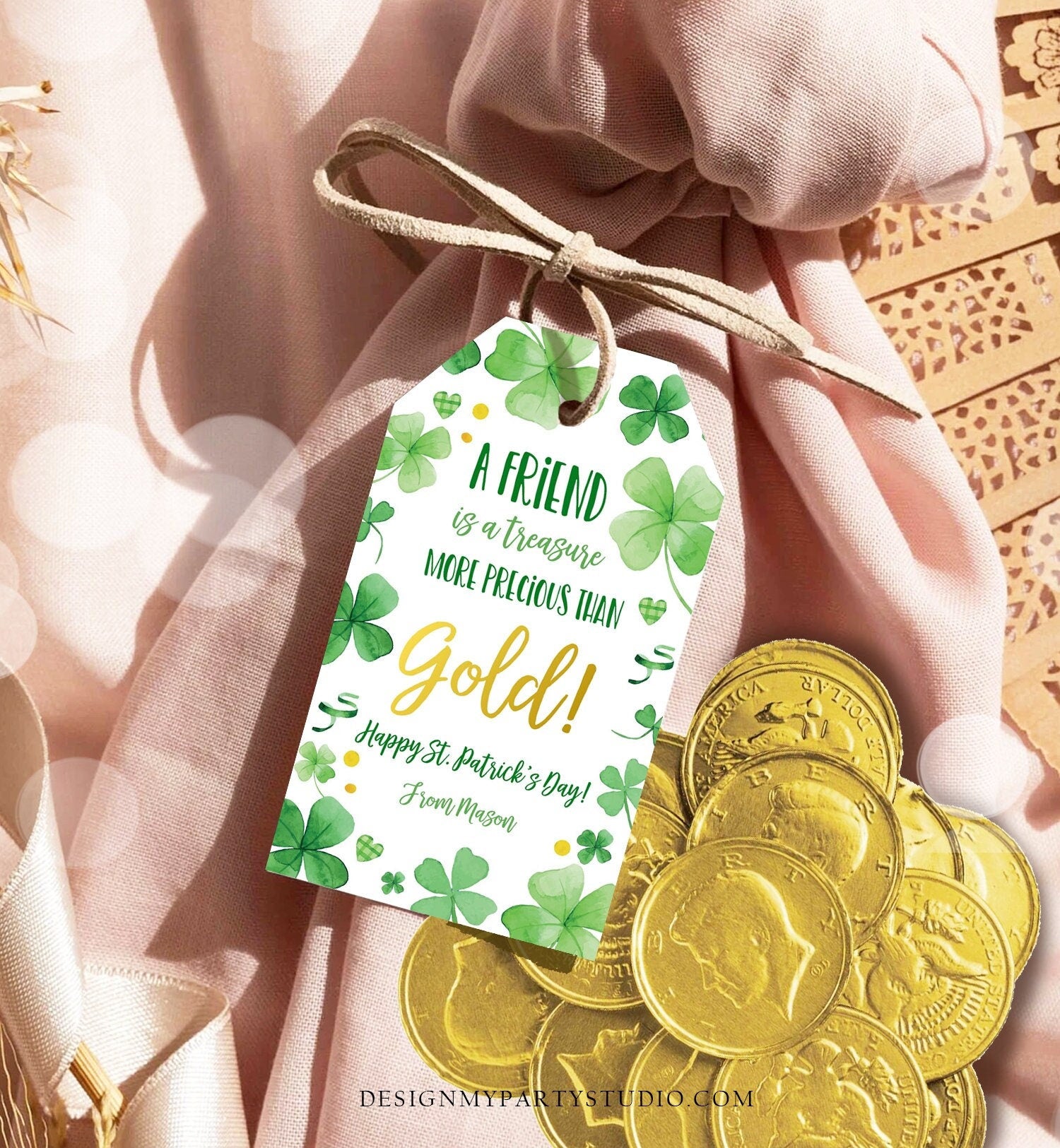 Editable St. Patrick's Day Tag A Friend Is A Treasure More Precious Than Gold Tag School Gift Classmate Buddy Teammate Template Corjl 0451