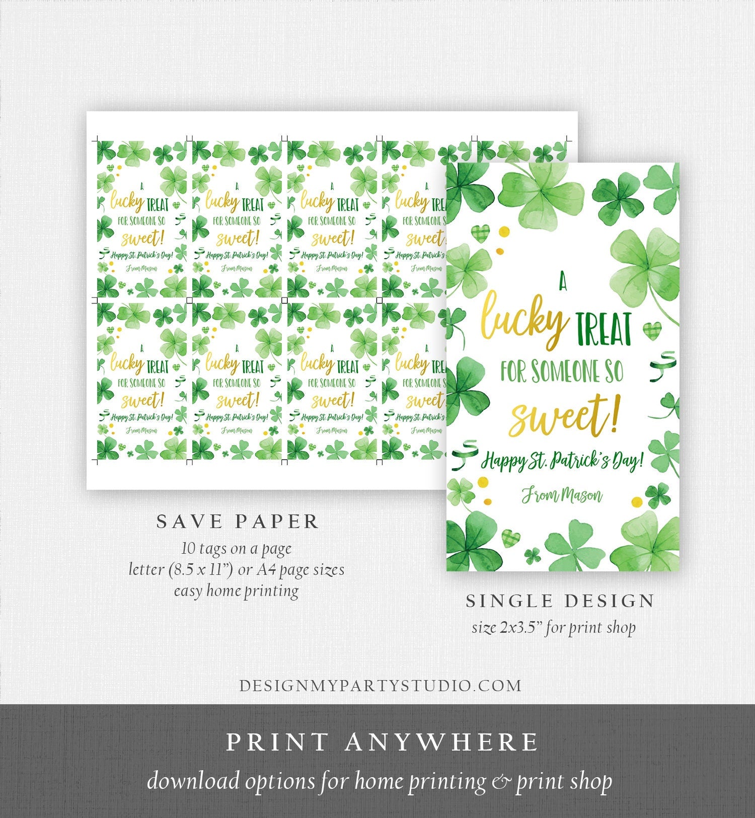 Editable St. Patrick's Day Tag Lucky Treat for Someone Sweet Tag Friend School Classroom Gift Classmate Shamrock Teacher Template Corjl 0451