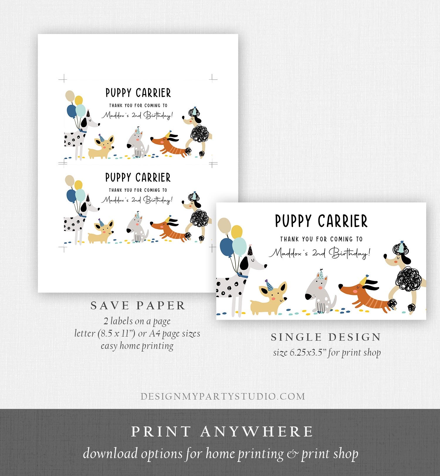 Editable Puppy Carrier Box Favor Label Puppy Birthday Favor Box Label Boy Blue Adopt a Puppy Pet Pawty Digital Download Printable Corjl 0429