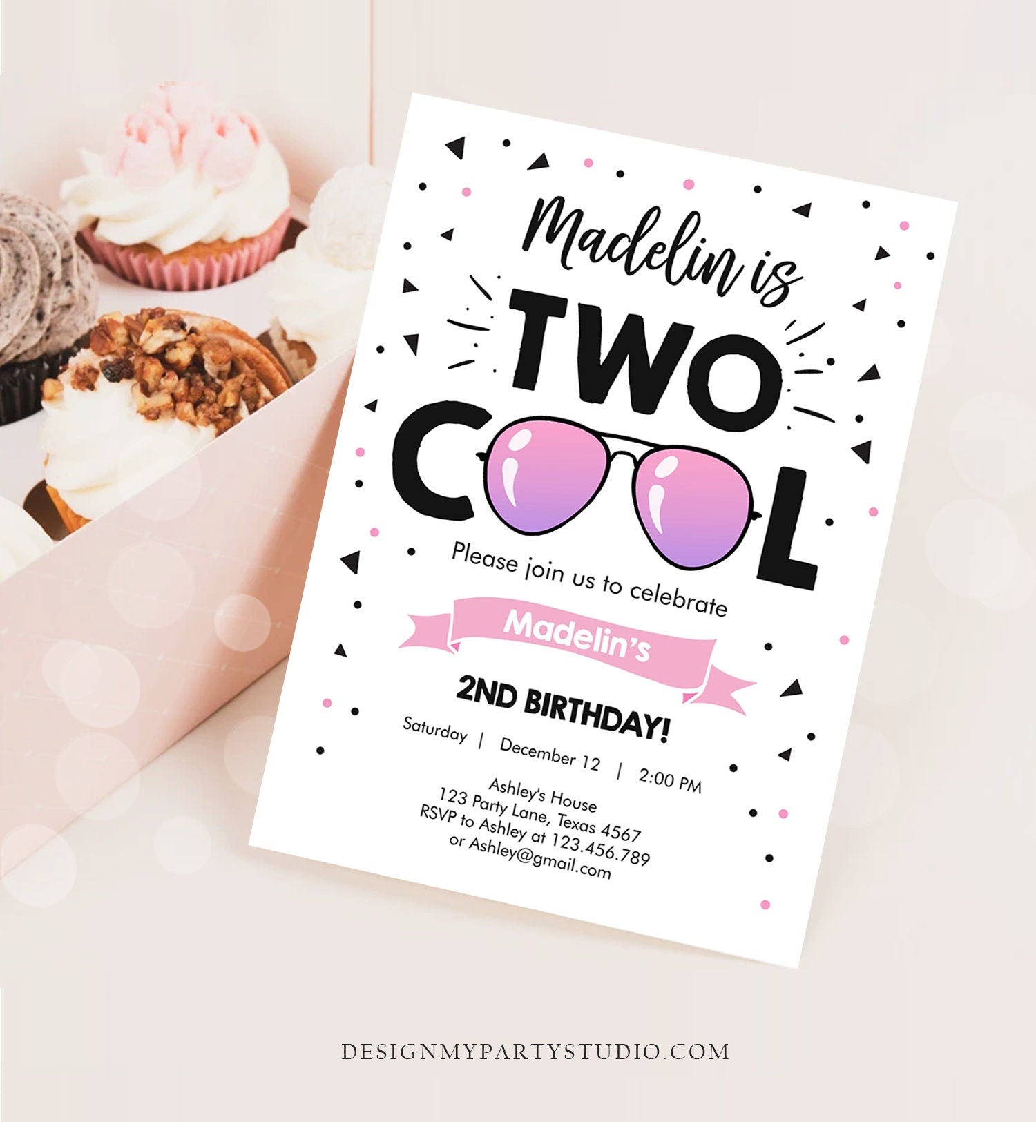 Editable Two Cool Birthday Invitation Girl Second Birthday Party 2nd I'm this Many I'm Two Cool Sunglasses Digital Template Printable 0136