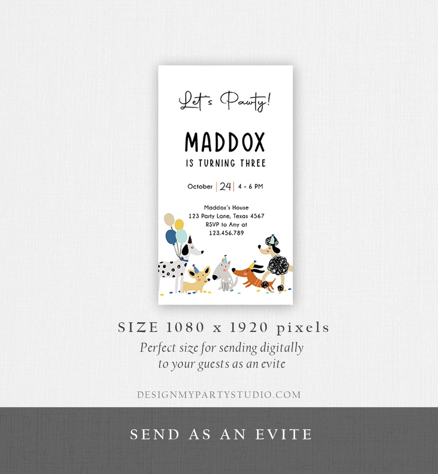 Editable Dog Birthday Party Evite Puppy Birthday Invitation Blue Boy Pawty Birthday Animal Electronic Digital Download Phone Template 0429