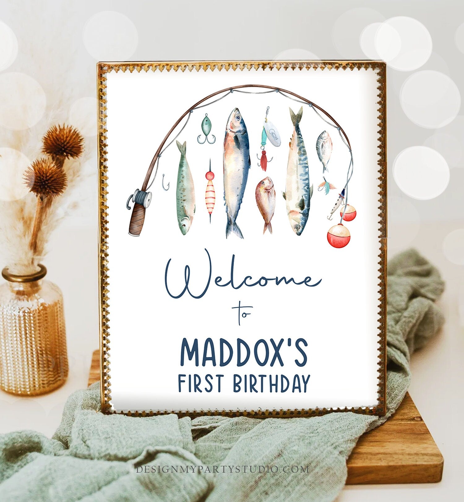 Editable Fishing Birthday Welcome Sign 1st Birthday Boy The Big One O-fish-ally Fishing Party Sign Fish Sea Template PRINTABLE Corjl 0454