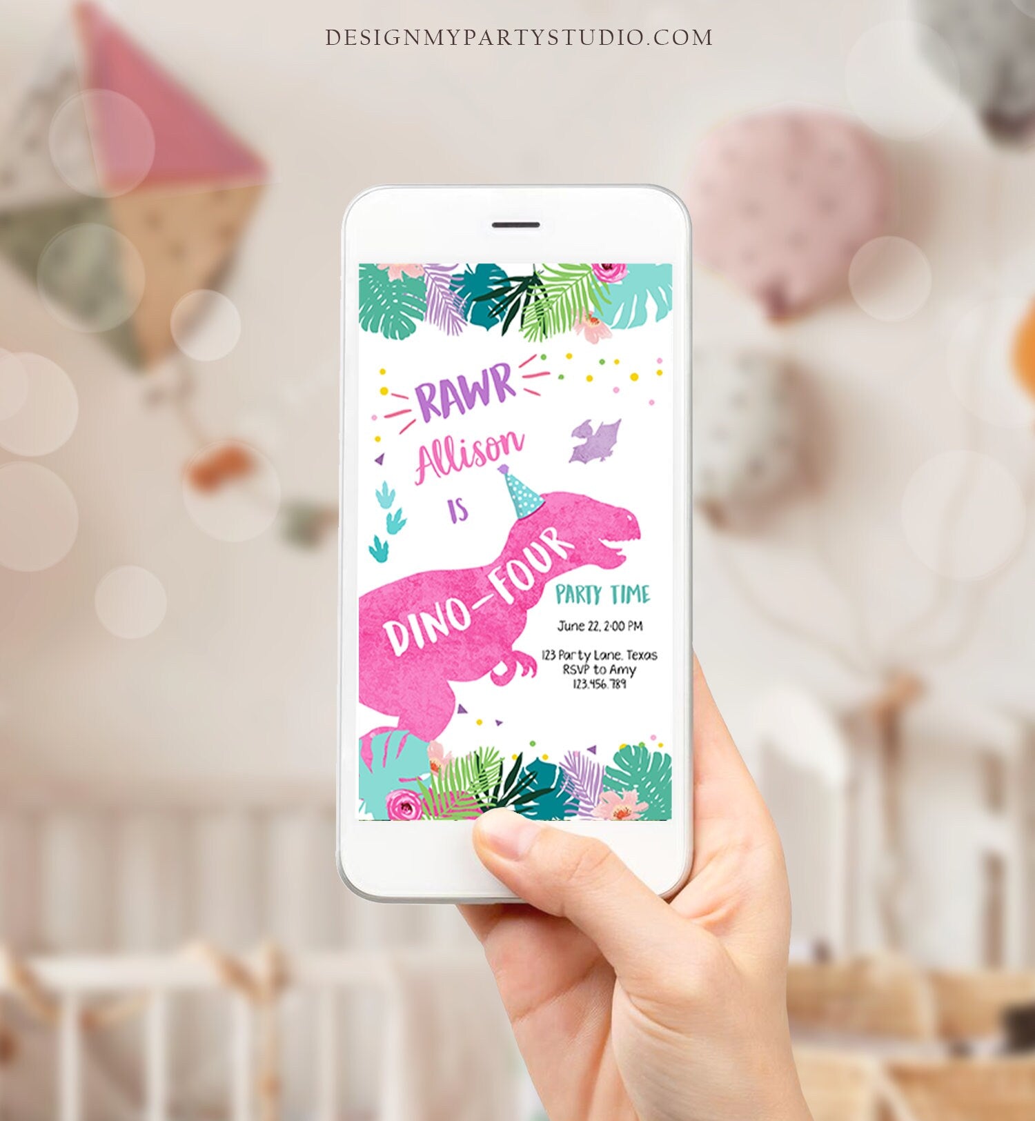 Editable Dino-Four Dinosaur Birthday Evite Dino T-Rex 4th Birthday Invitation Fourth Girl Pink Prehistoric Phone Digital Corjl Template 0423