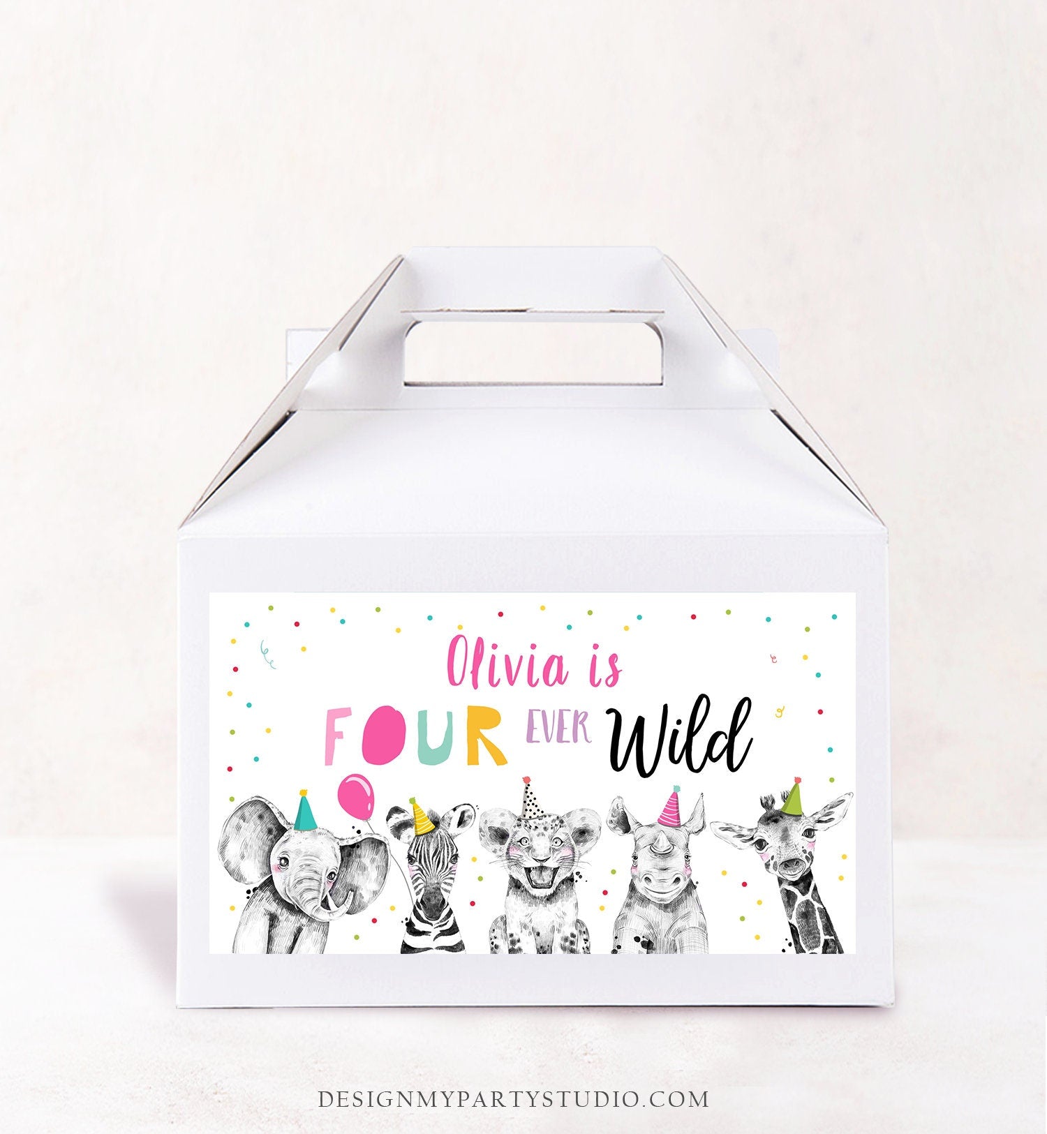 Editable Party Animals Gable Box Label Safari Animals 4th Birthday Gift Box Labels Four Ever Wild Girl Download Digital Printable 0390