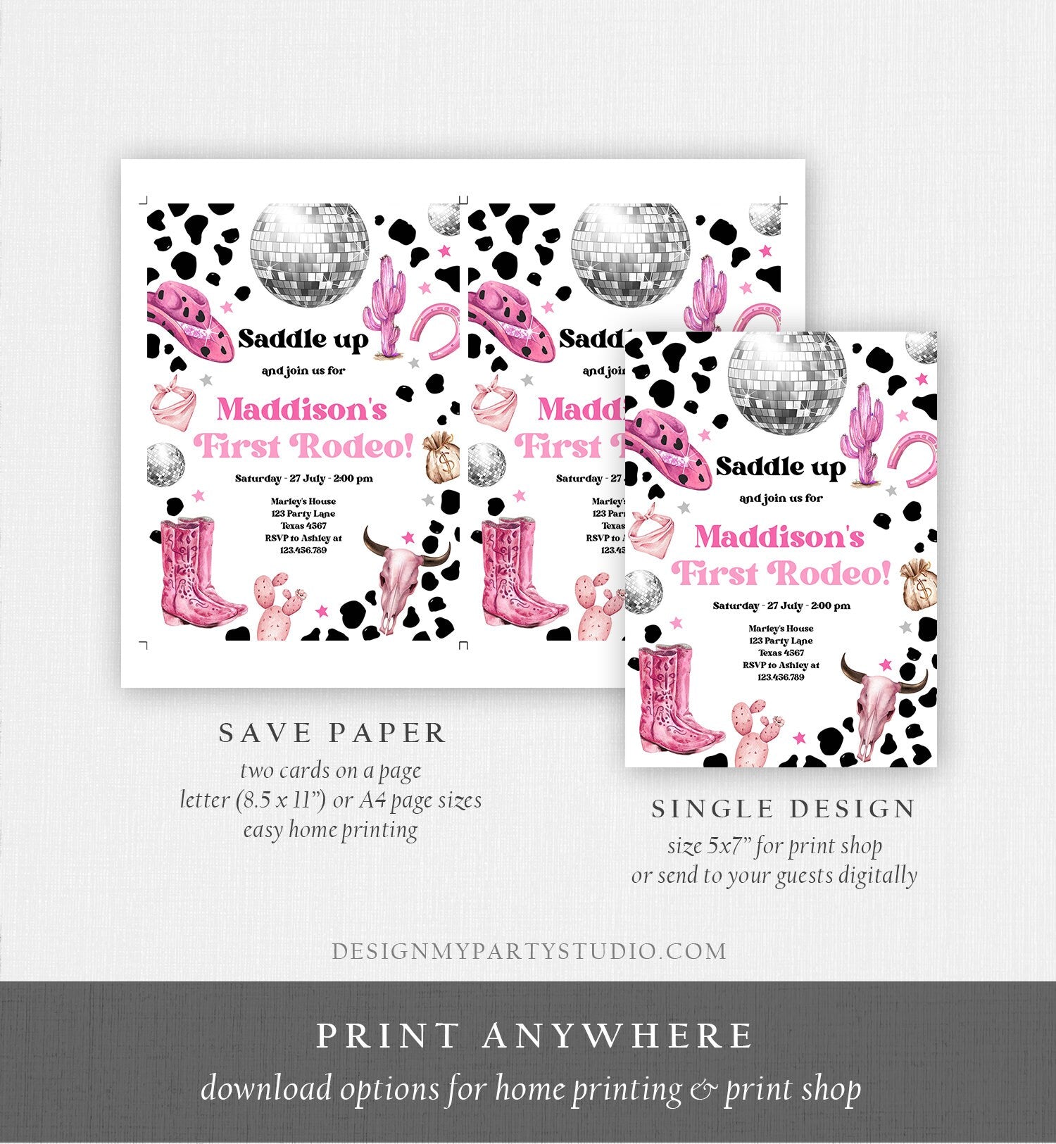 Editable Cowgirl Birthday Party Invitation Disco Cowgirl Invite Pink Girl First Rodeo Wild West 1st Download Printable Template Corjl 0455