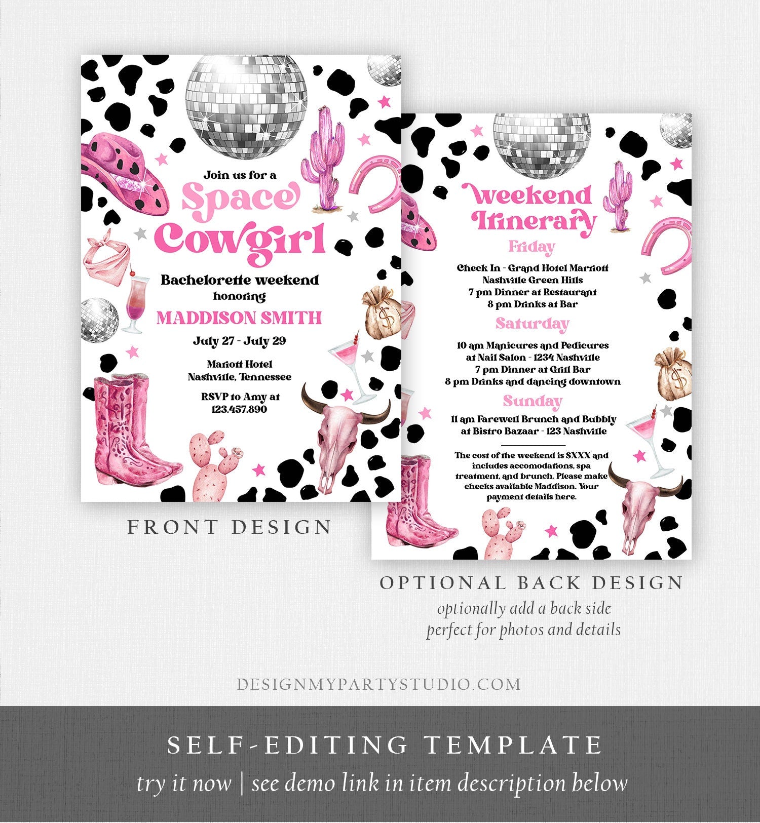 Editable Space Cowgirl Bachelorette Weekend Invitation & Itinerary Last Rodeo Nashville Nash Bash Download Printable Template Corjl 0455