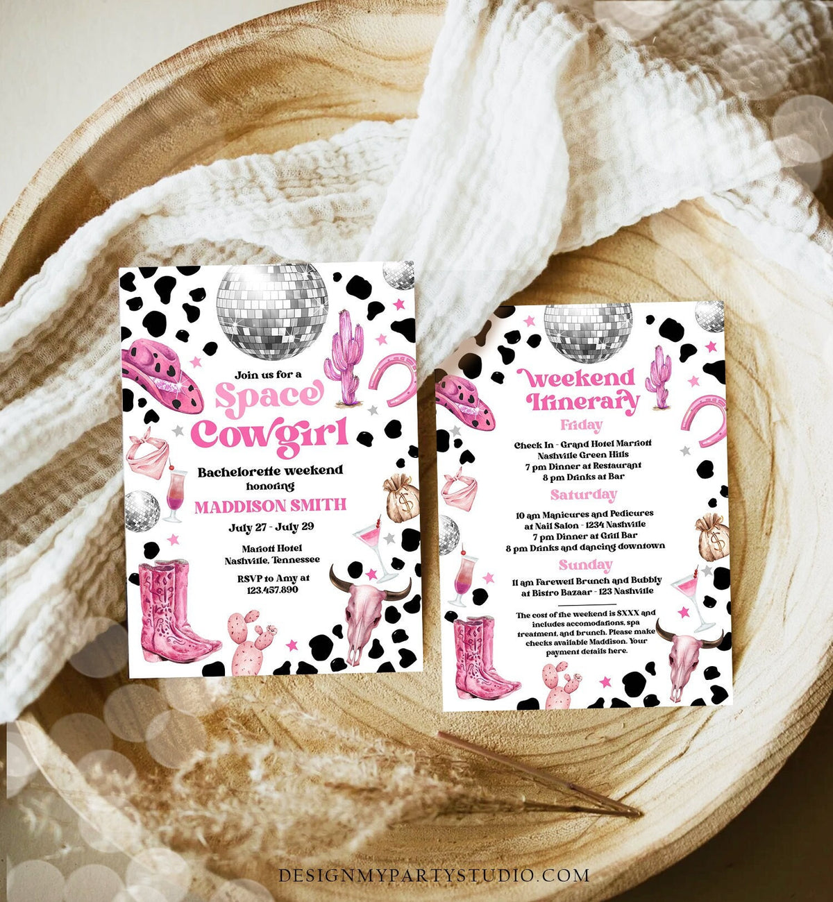 Editable Space Cowgirl Bachelorette Weekend Invitation &amp; Itinerary Last Rodeo Nashville Nash Bash Download Printable Template Corjl 0455