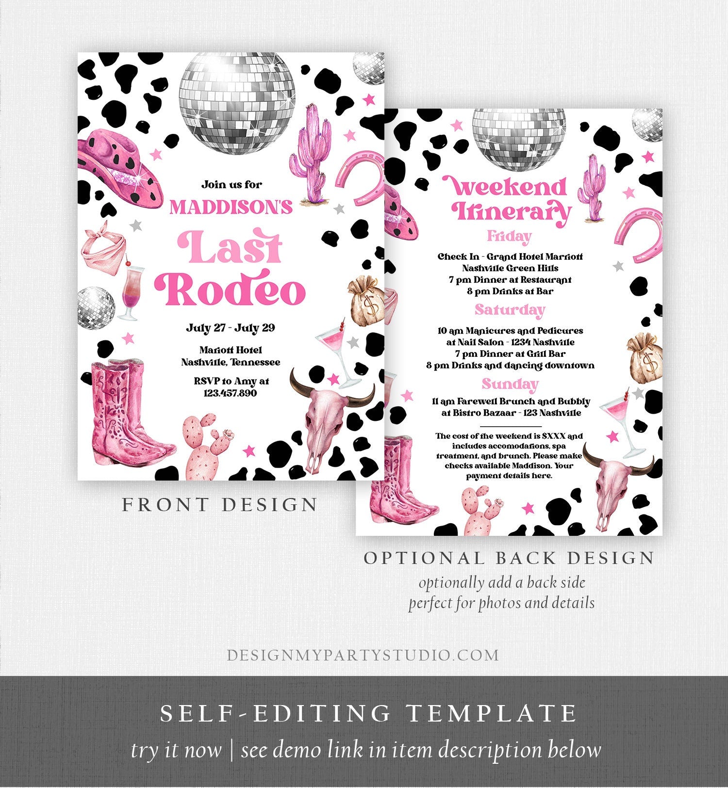 Editable Nashville Bachelorette Weekend Invitation Last Rodeo Invitation & Itinerary Let's Get Nashty Download Printable Template Corjl 0455