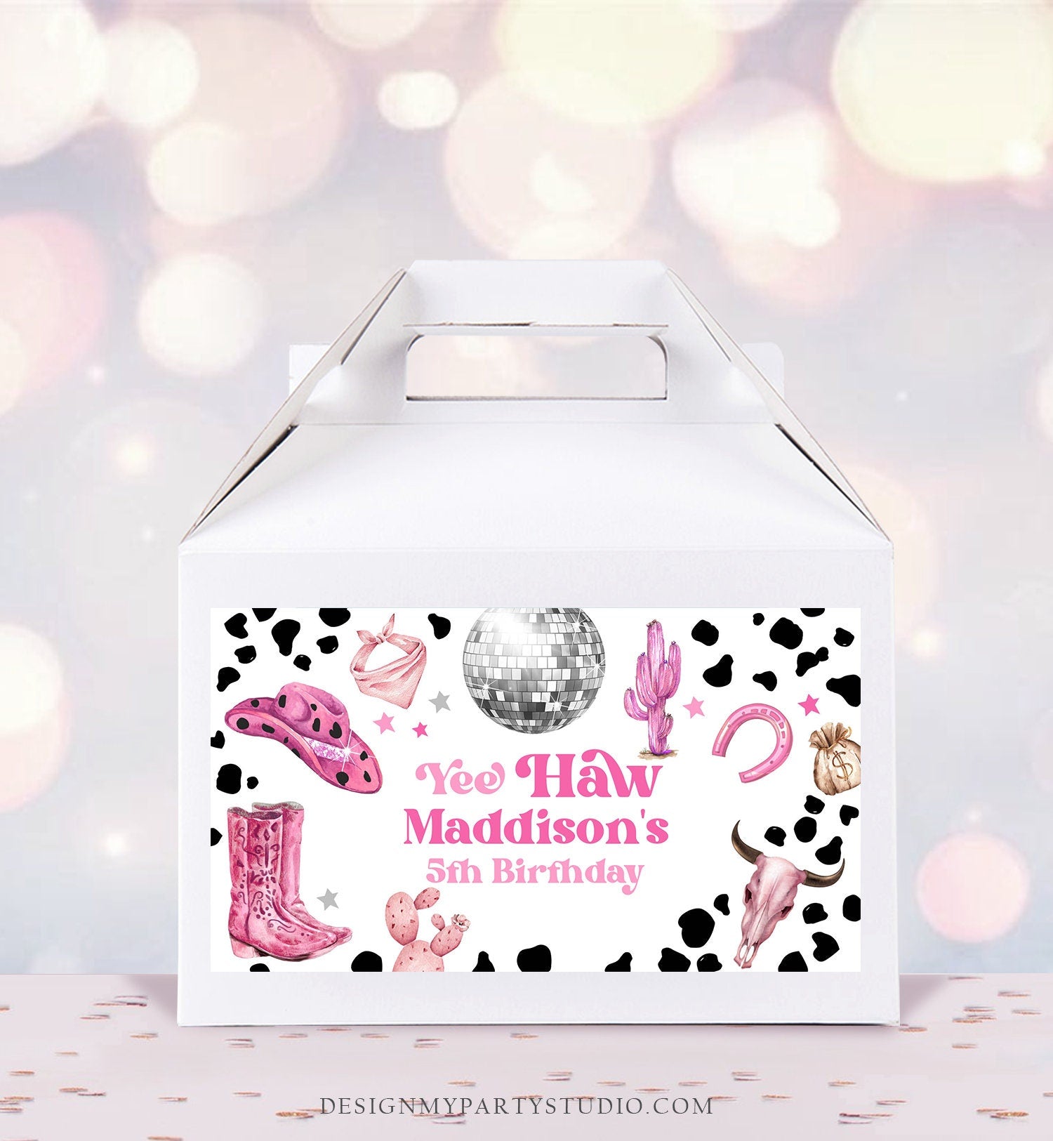 Editable Space Cowgirl Birthday Party Gable Box Favor Label Disco Cowgirl Gift Box West Nashville Rodeo Pink Download Printable Corjl 0455