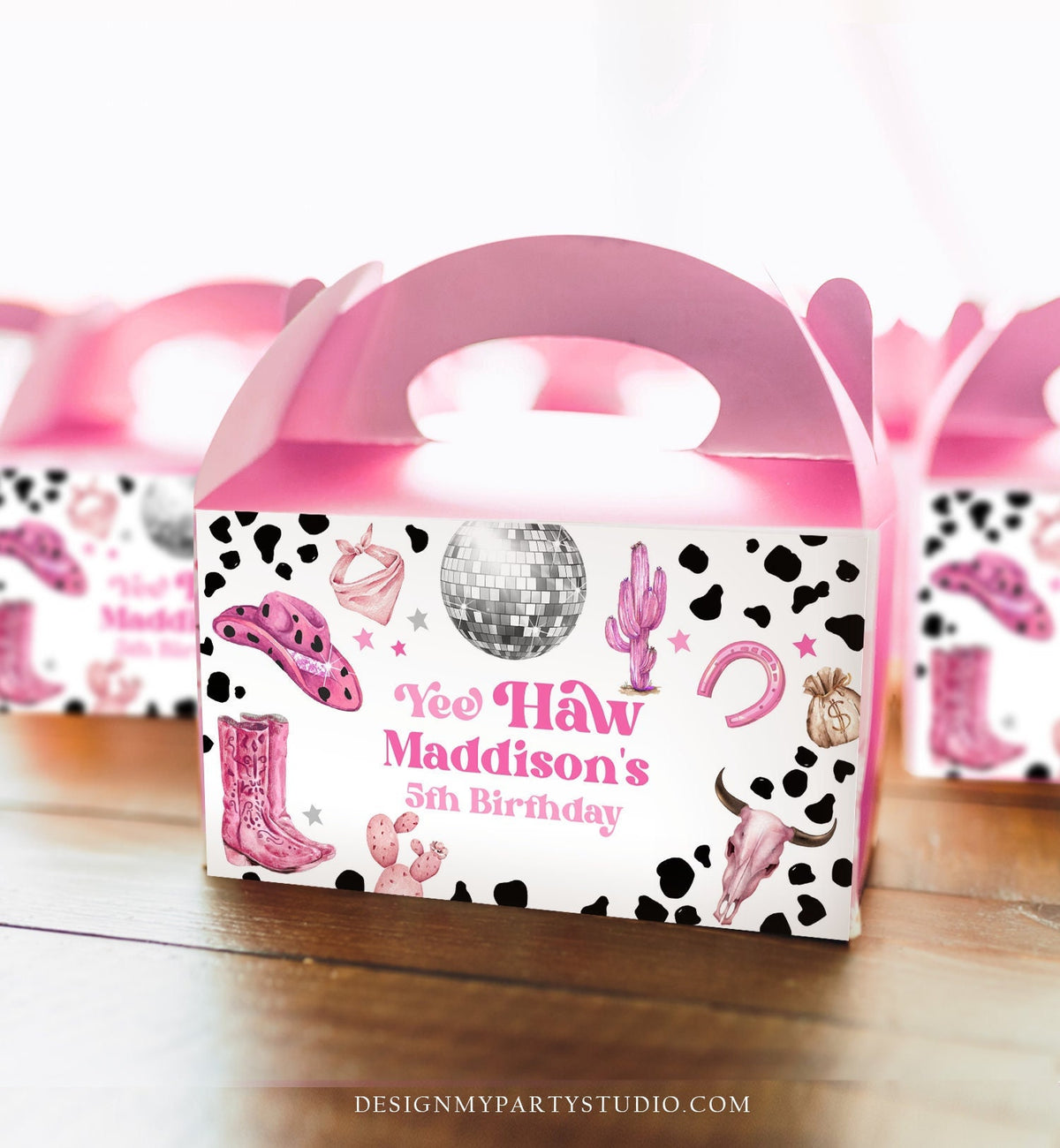 Editable Space Cowgirl Birthday Party Gable Box Favor Label Disco Cowgirl Gift Box West Nashville Rodeo Pink Download Printable Corjl 0455