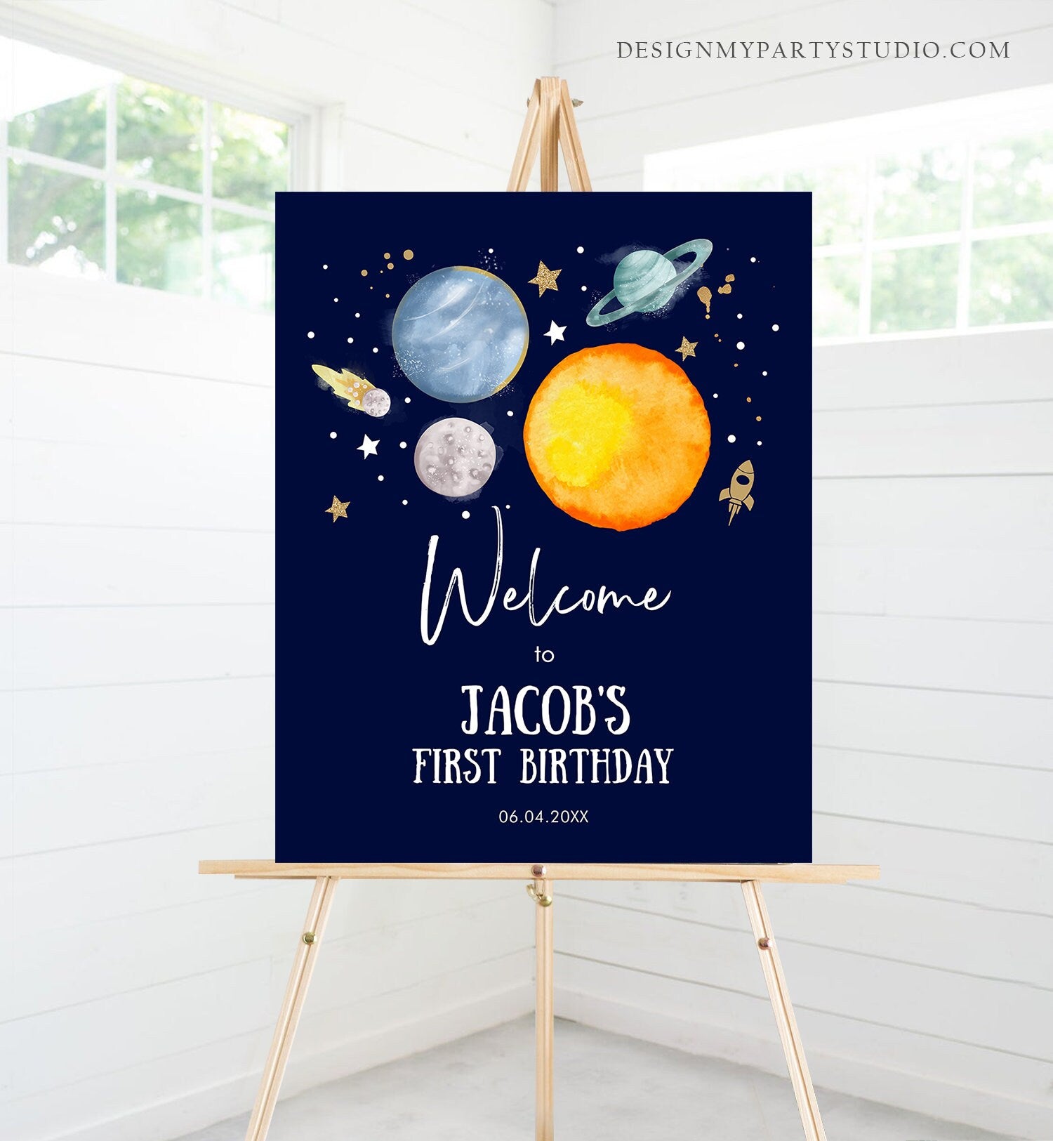 Editable Outer Space Birthday Welcome Sign 1st Birthday Boy Galaxy Planets Trip Around the Sun Astronaut Digital Template Printable 0357