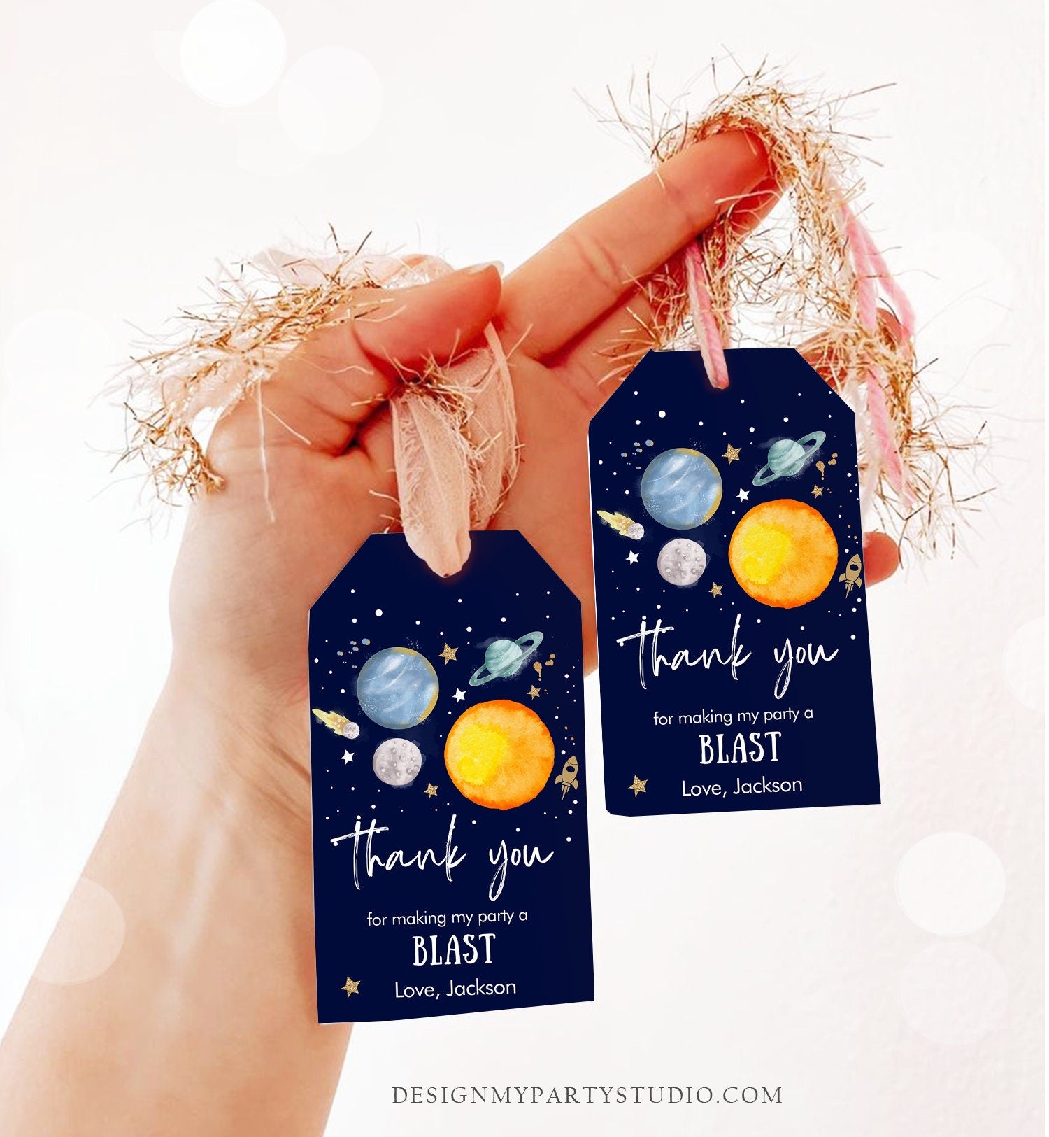 Editable Outer Space Favor Tags Space Birthday Thank you Label Galaxy Gift tags Trip Around the Sun Planets Template Corjl PRINTABLE 0357