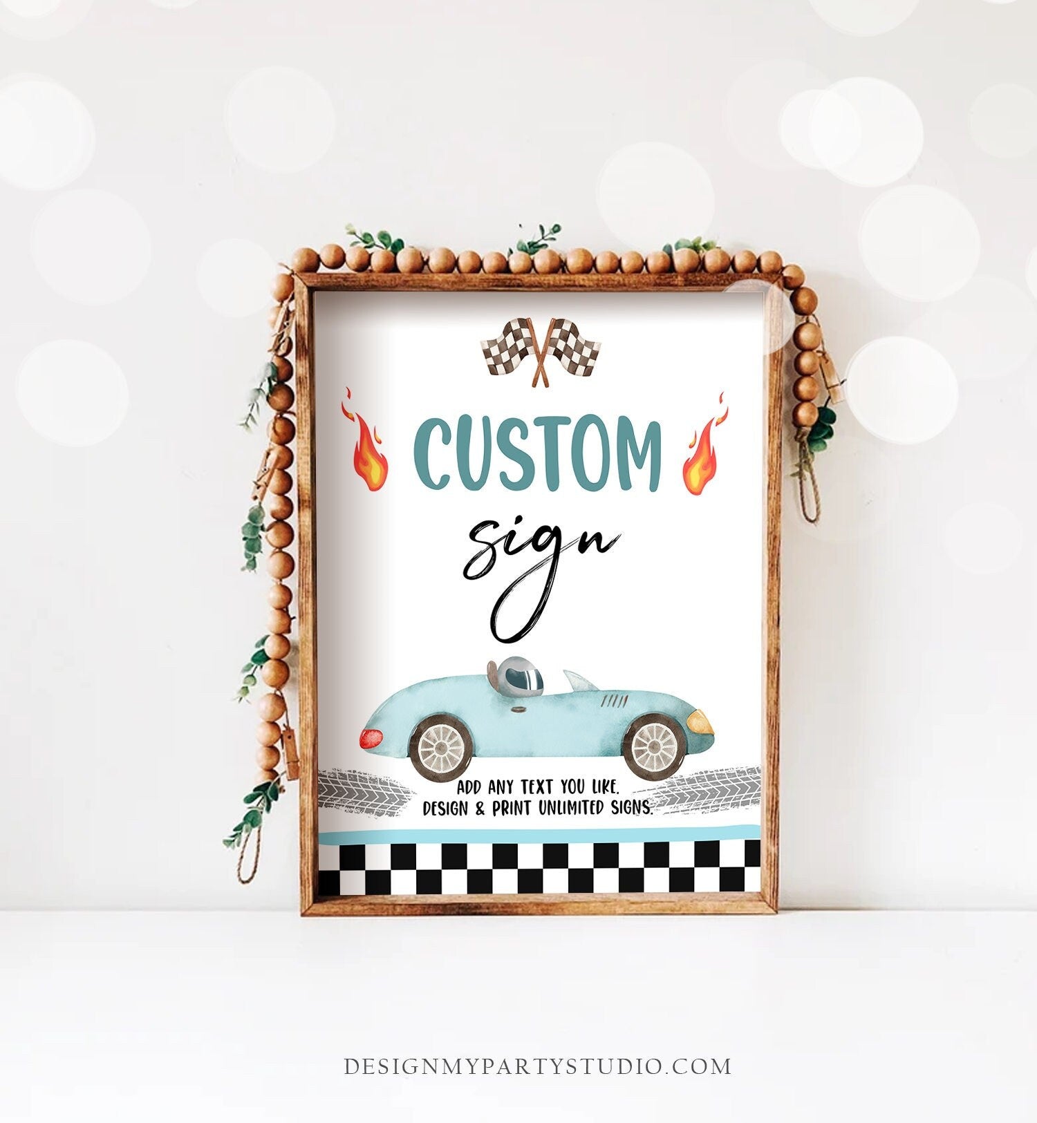 Editable Custom Sign Race Car Birthday Growing Up Two Fast 2 Racing Vintage Cars Blue Boy Party Digital Download Template Printable 0424