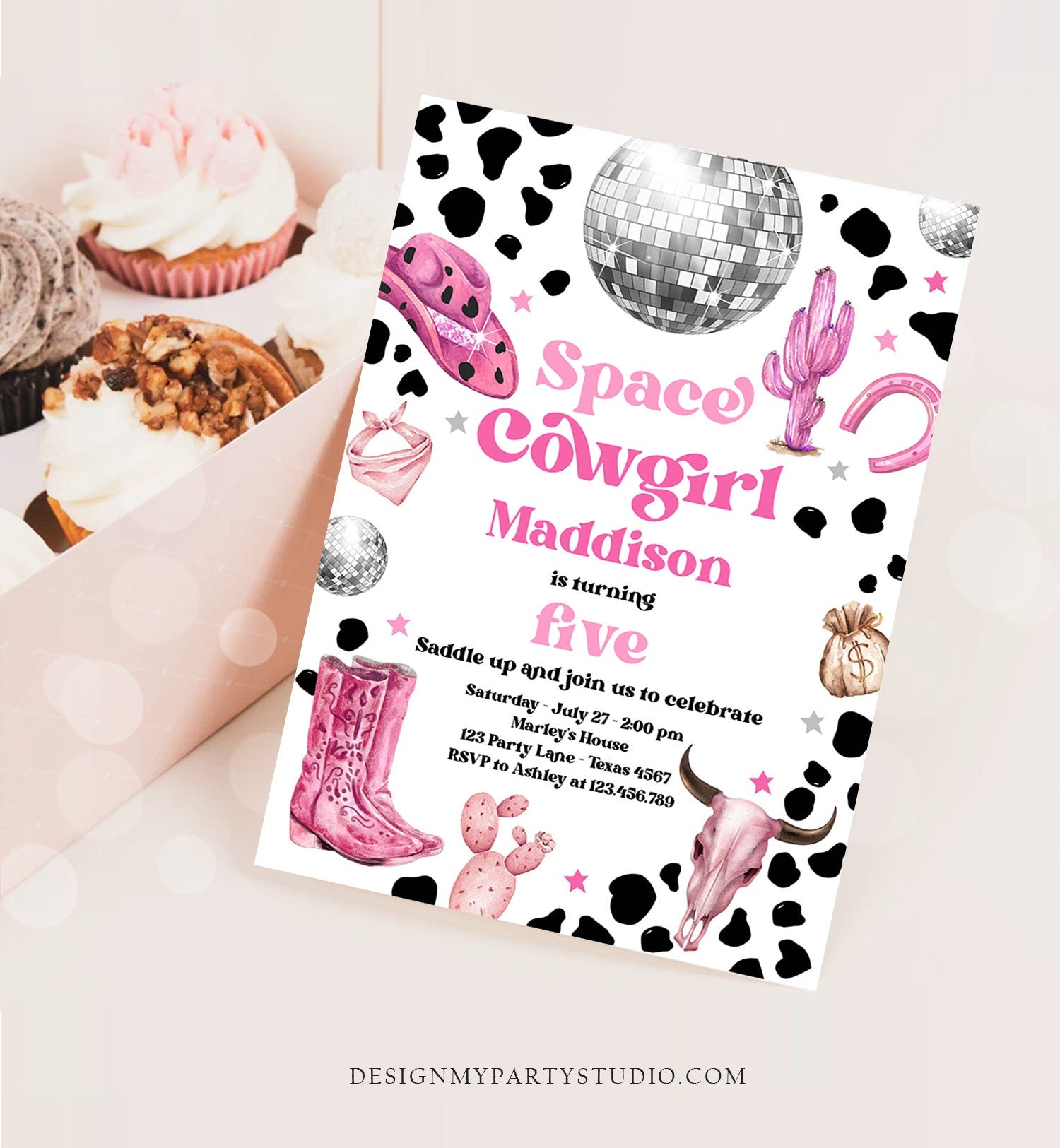 Editable Space Cowgirl Birthday Party Invitation Disco Cowgirl Invite Pink Girl Rodeo Country Digital Download Printable Template Corjl 0455