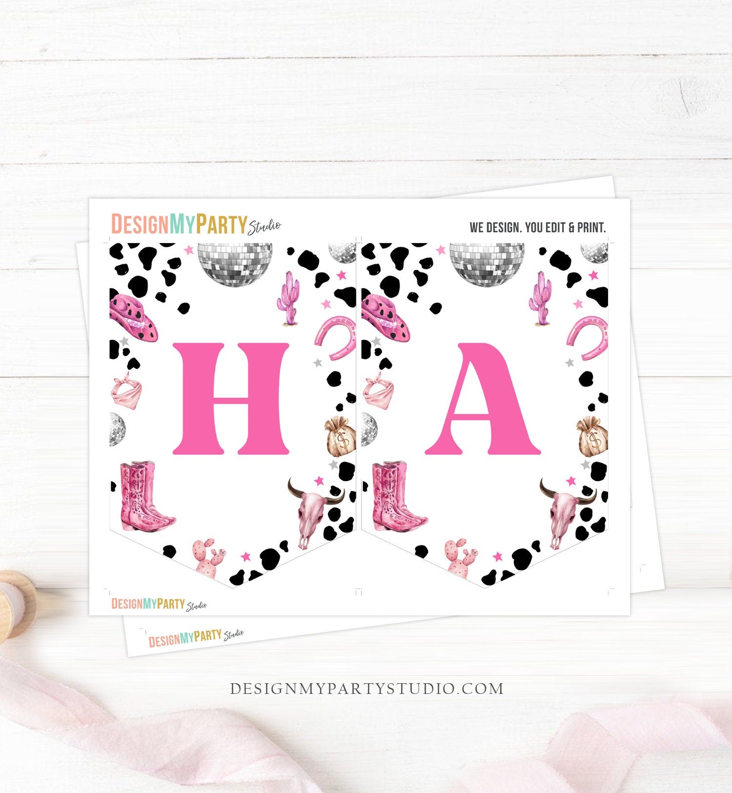 Happy Birthday Banner Pink Cowgirl Birthday Banner Disco Cowgirl Birthday Decor Space Cowgirl Wild West Rodeo PRINTABLE DIGITAL DIY 0455