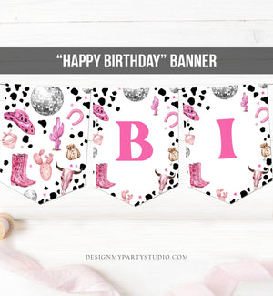 Happy Birthday Banner Pink Cowgirl Birthday Banner Disco Cowgirl Birthday Decor Space Cowgirl Wild West Rodeo PRINTABLE DIGITAL DIY 0455