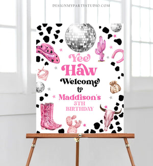 Editable Space Cowgirl Welcome Sign Disco Cowgirl Birthday Door Sign Wild West Rodeo Party Sign Poster Pink Template PRINTABLE Corjl 0455