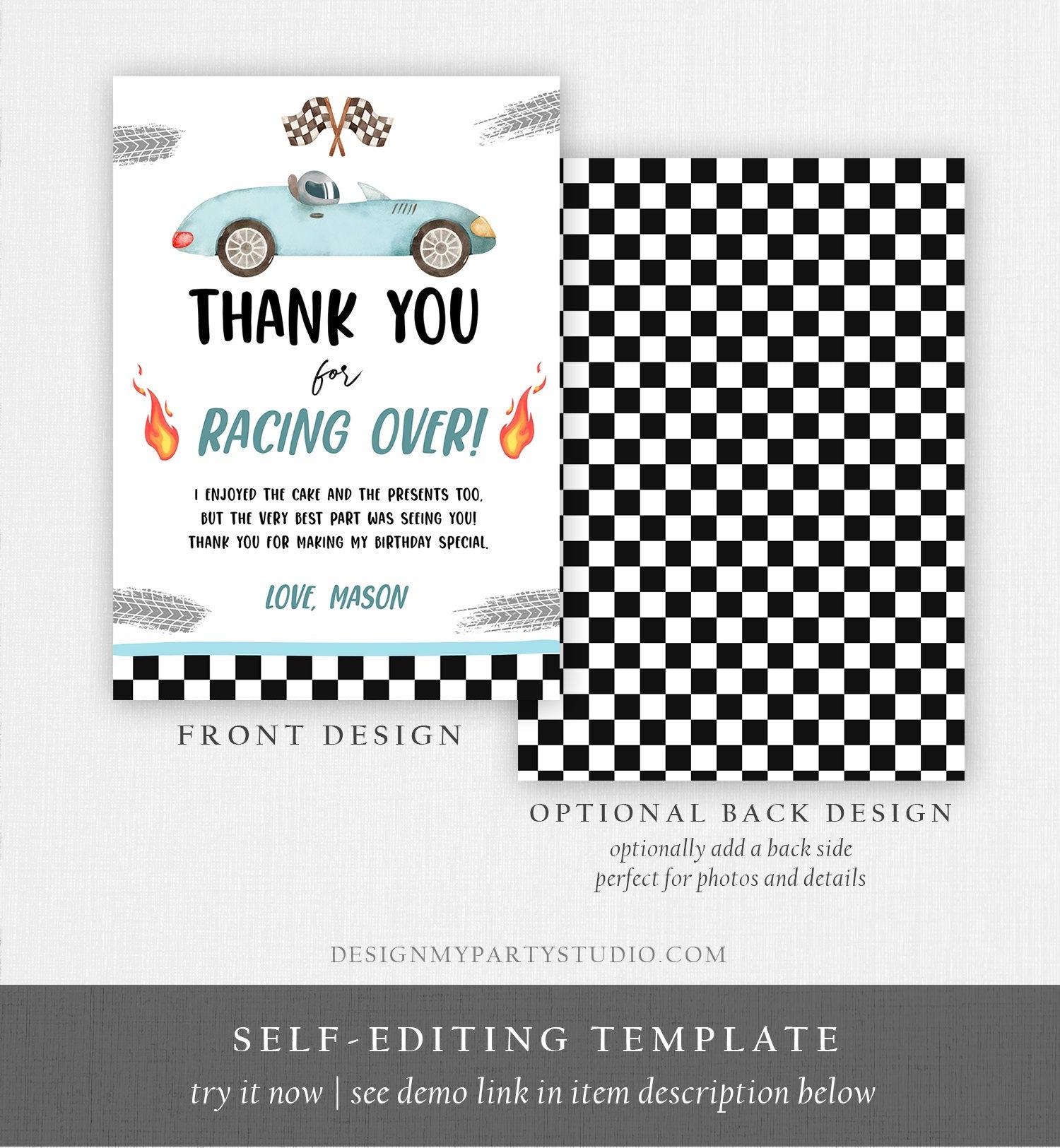 Editable Race Car Thank You Card Two Fast Birthday Boy Blue Racing Car Thank You Card Birthday Fast One Template Instant Download Corjl 0424