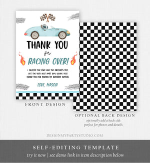 Editable Race Car Thank You Card Two Fast Birthday Boy Blue Racing Car Thank You Card Birthday Fast One Template Instant Download Corjl 0424