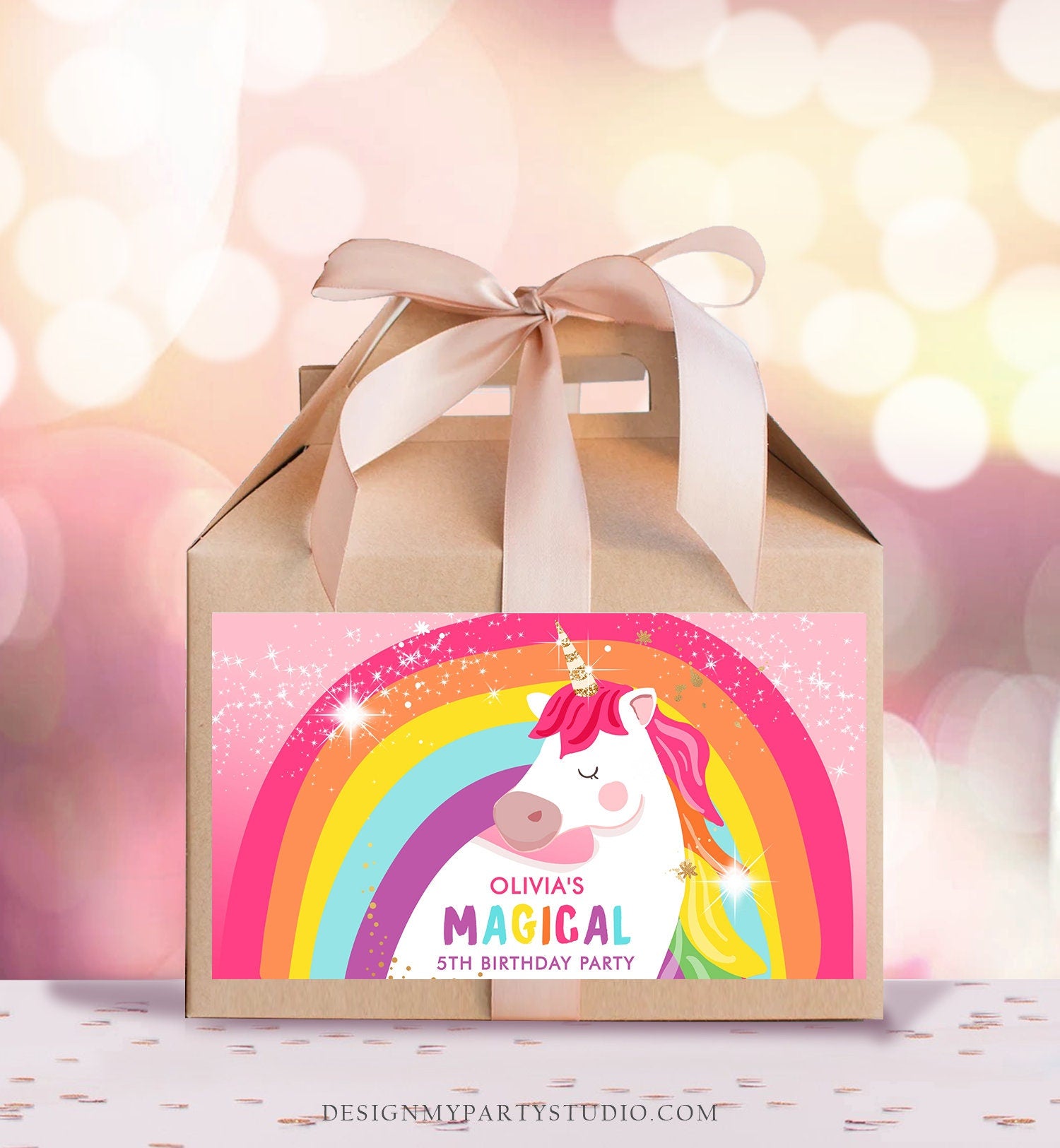 Editable Unicorn Birthday Party Gable Box Favor Label Magical Unicorn Gift Box Labels Girl Pink Rainbow Download Printable Corjl 0323