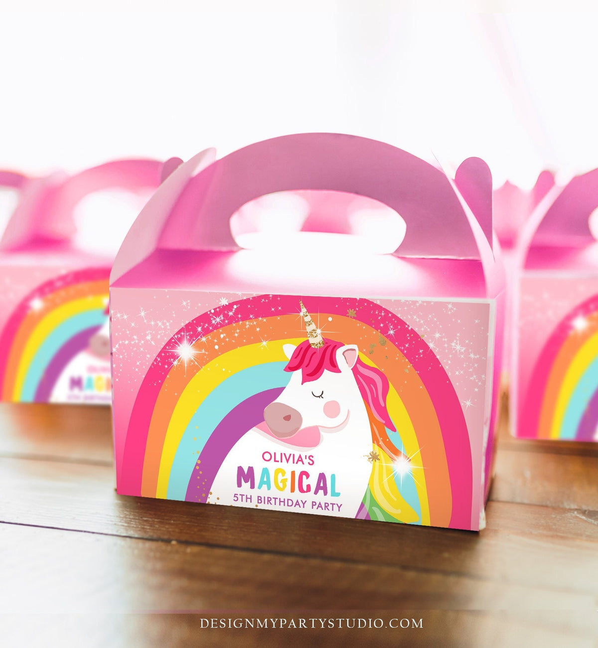 Editable Unicorn Birthday Party Gable Box Favor Label Magical Unicorn Gift Box Labels Girl Pink Rainbow Download Printable Corjl 0323