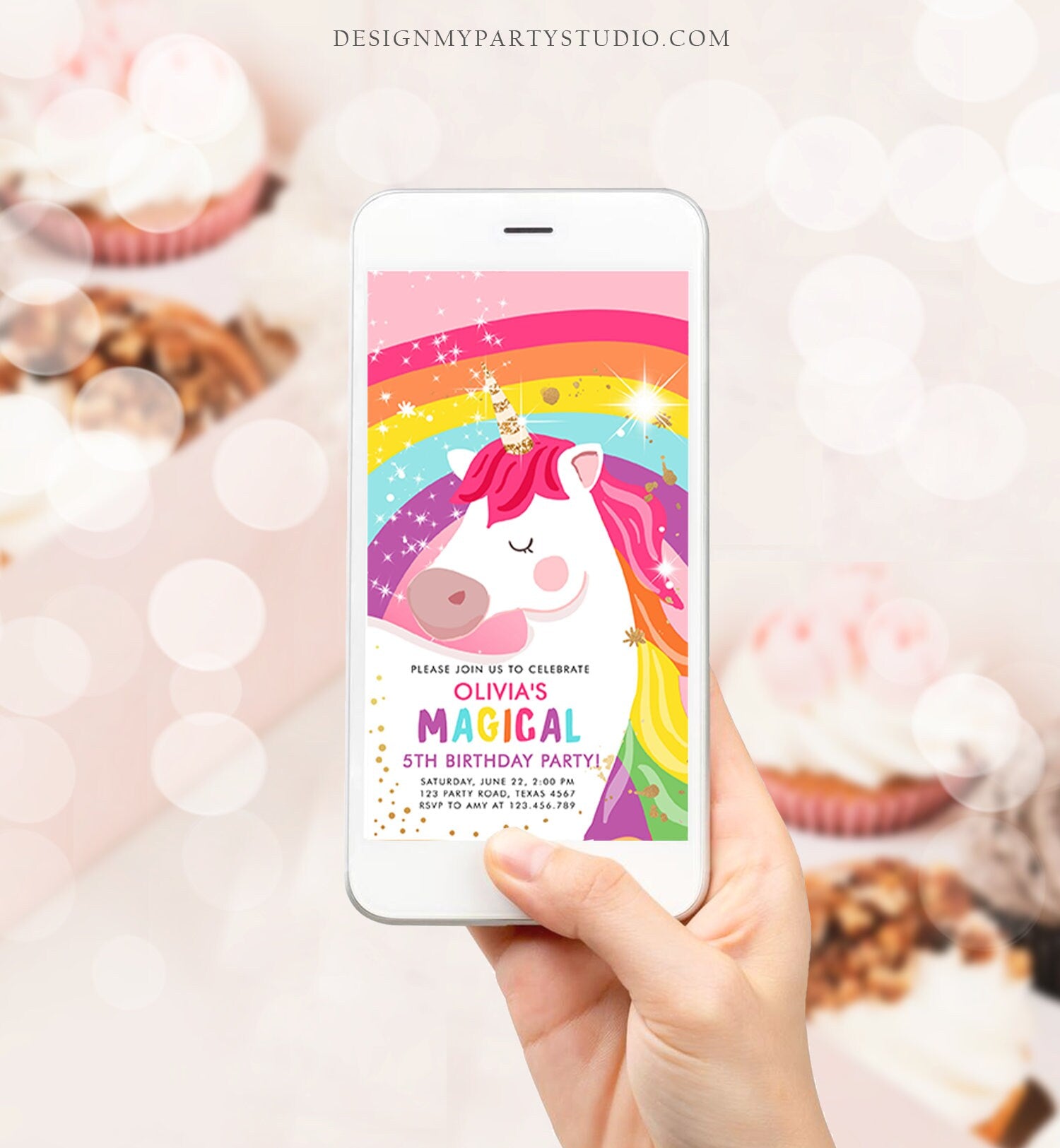 Editable Unicorn Birthday Evite Magical Unicorn Party Girl Pink Gold Unicorn Invitation Rainbow Phone Digital Corjl Template Digital 0323