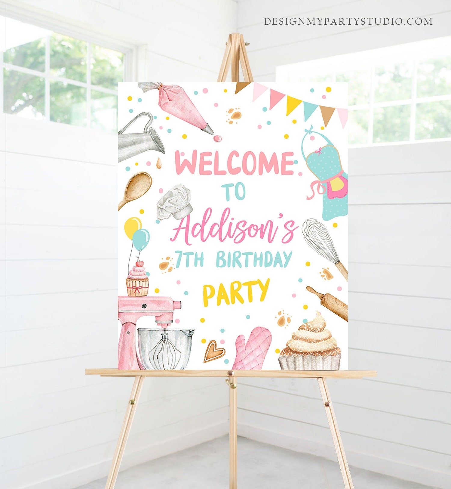 Editable Baking Birthday Party Welcome Sign Cooking Birthday Welcome Pink Girl Little Chef Cupcake Decorating Template PRINTABLE Corjl 0364