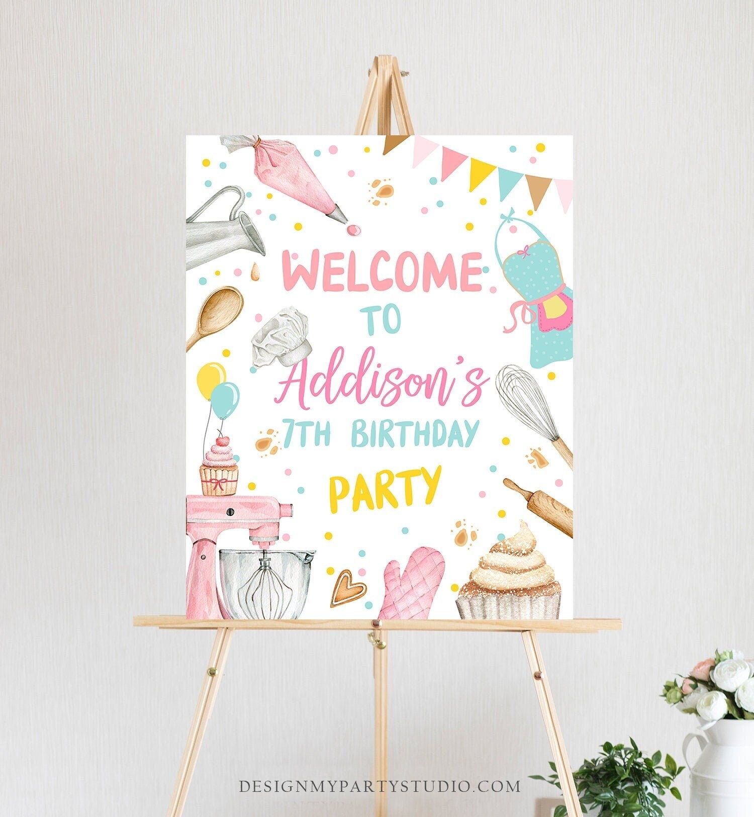 Editable Baking Birthday Party Welcome Sign Cooking Birthday Welcome Pink Girl Little Chef Cupcake Decorating Template PRINTABLE Corjl 0364