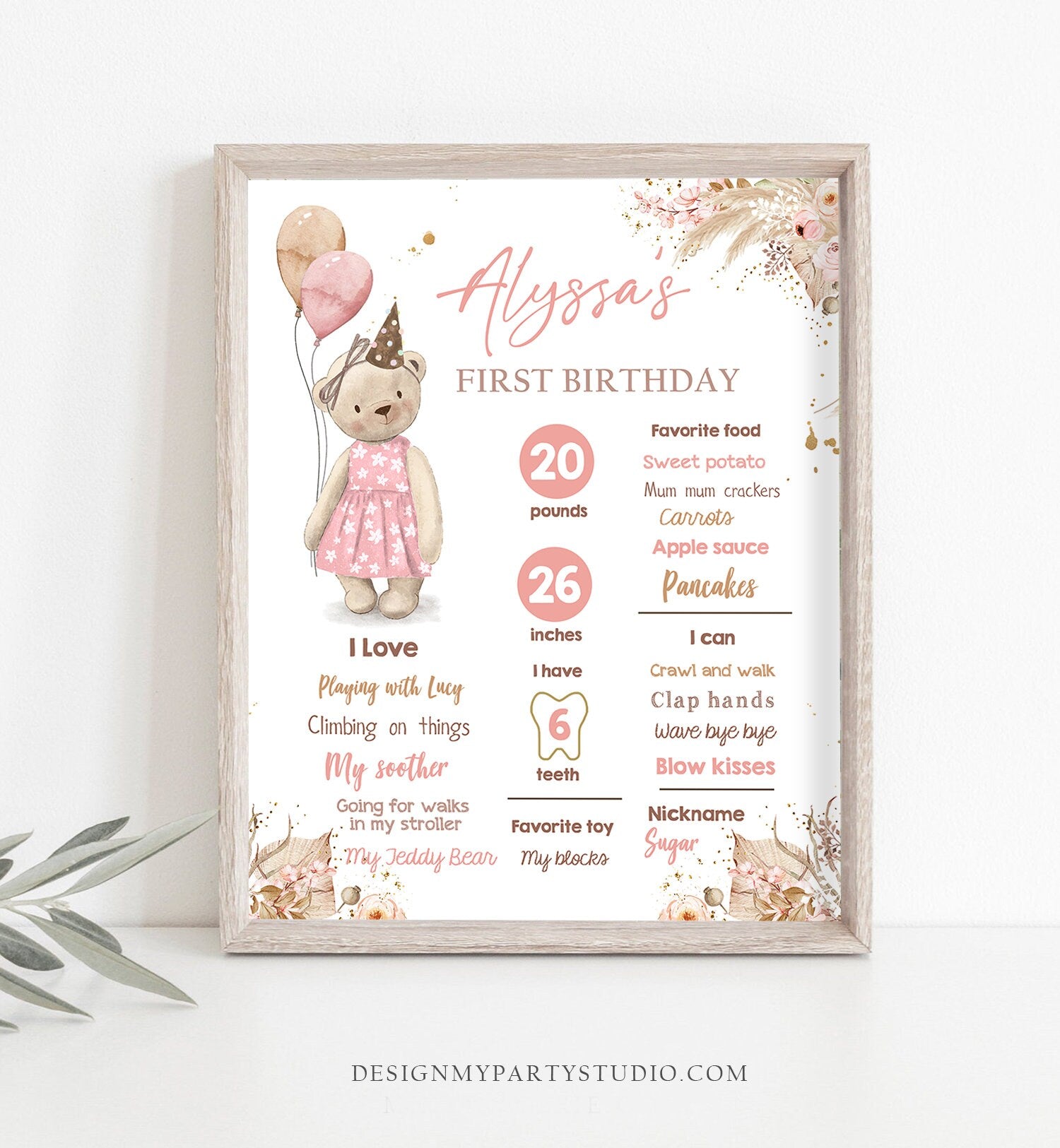 Editable Teddy Bear 1st Birthday Milestones Sign Girl Teddy Bear Picnic Birthday First Birthday Beary Download Corjl Template Printable 0421