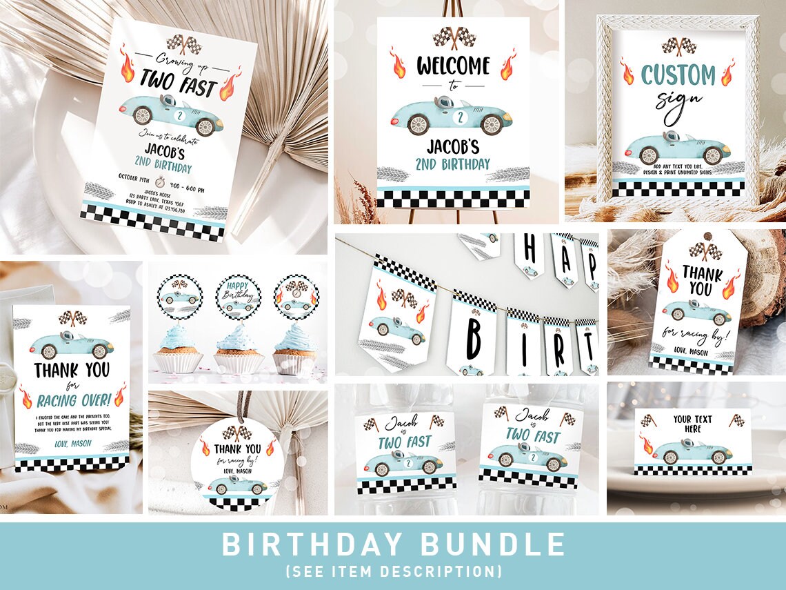 Racing Car Birthday Invitation Bundle Blue Vintage Race Car Boy Second Birthday Growing Up Two Fast 2nd 2 Printable Corjl Template 0424