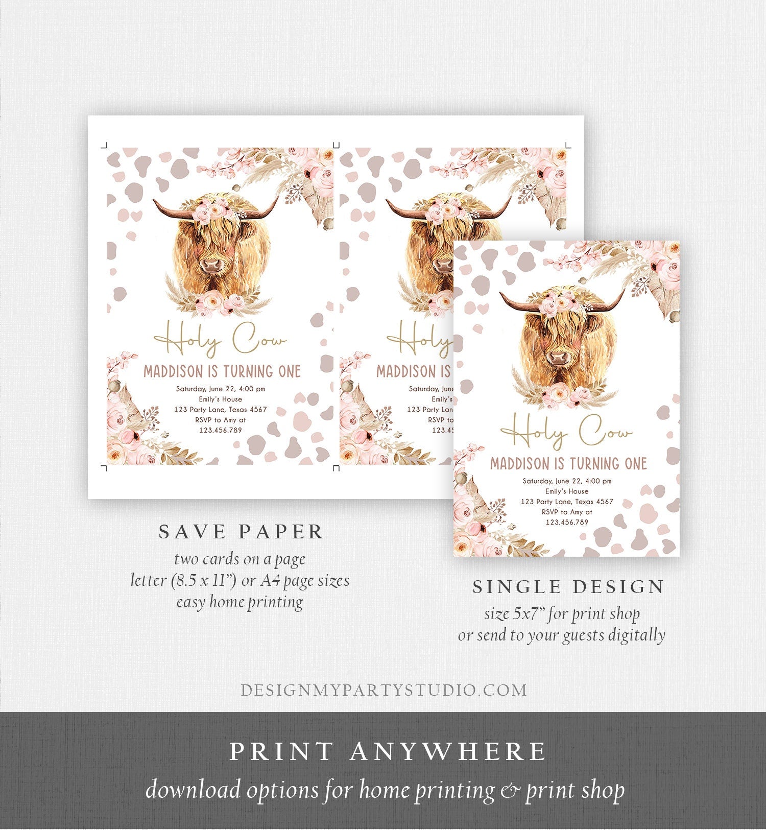 Editable Boho Cow Birthday Invitation Girl Farm Animals Pink Floral Pampas Grass Holy Cow I'm One 1st Highland Printable Template Corjl 0453