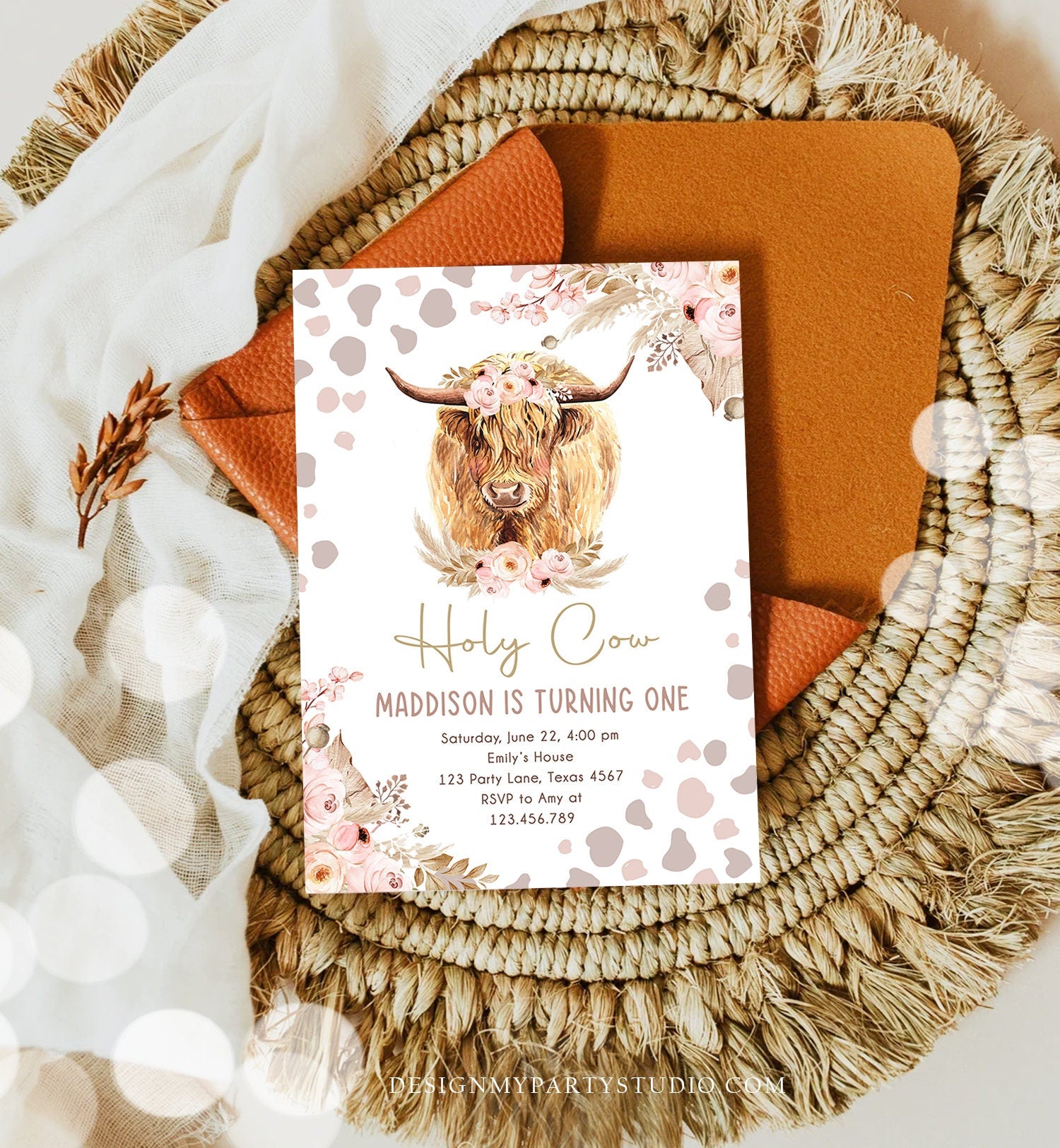 Editable Boho Cow Birthday Invitation Girl Farm Animals Pink Floral Pampas Grass Holy Cow I'm One 1st Highland Printable Template Corjl 0453