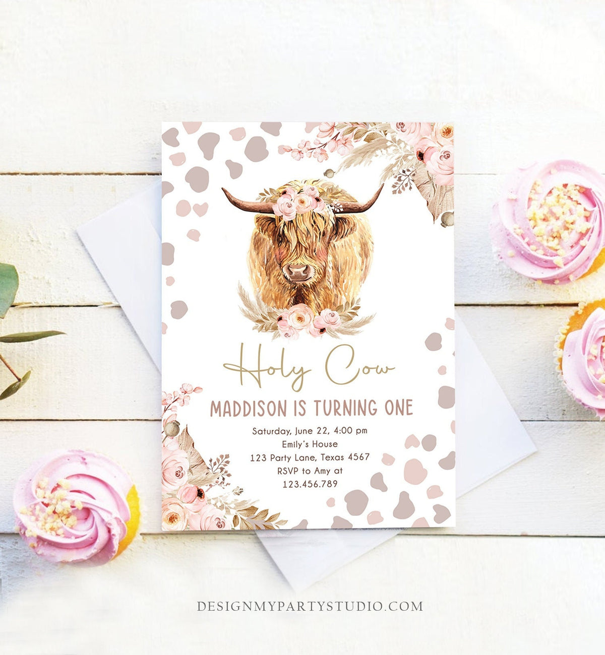 Editable Boho Cow Birthday Invitation Girl Farm Animals Pink Floral Pampas Grass Holy Cow I&#39;m One 1st Highland Printable Template Corjl 0453